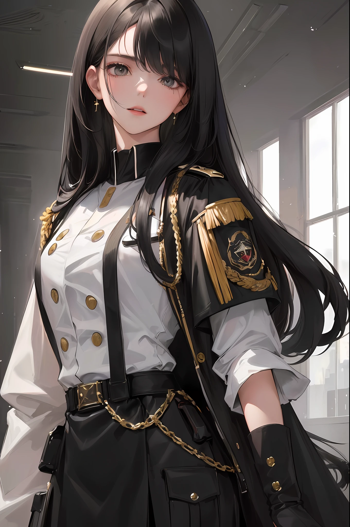 (highest resolution, distinct_image) best quality, woman, masterpiece, high detail, semi-realistic, short black hair, black hair, bangs, 21 years old, shoulder-length hair, mature, young, black clothes, black uniform, military academy beauty heroic heroic posture interior background exquisite and exquisite facial features