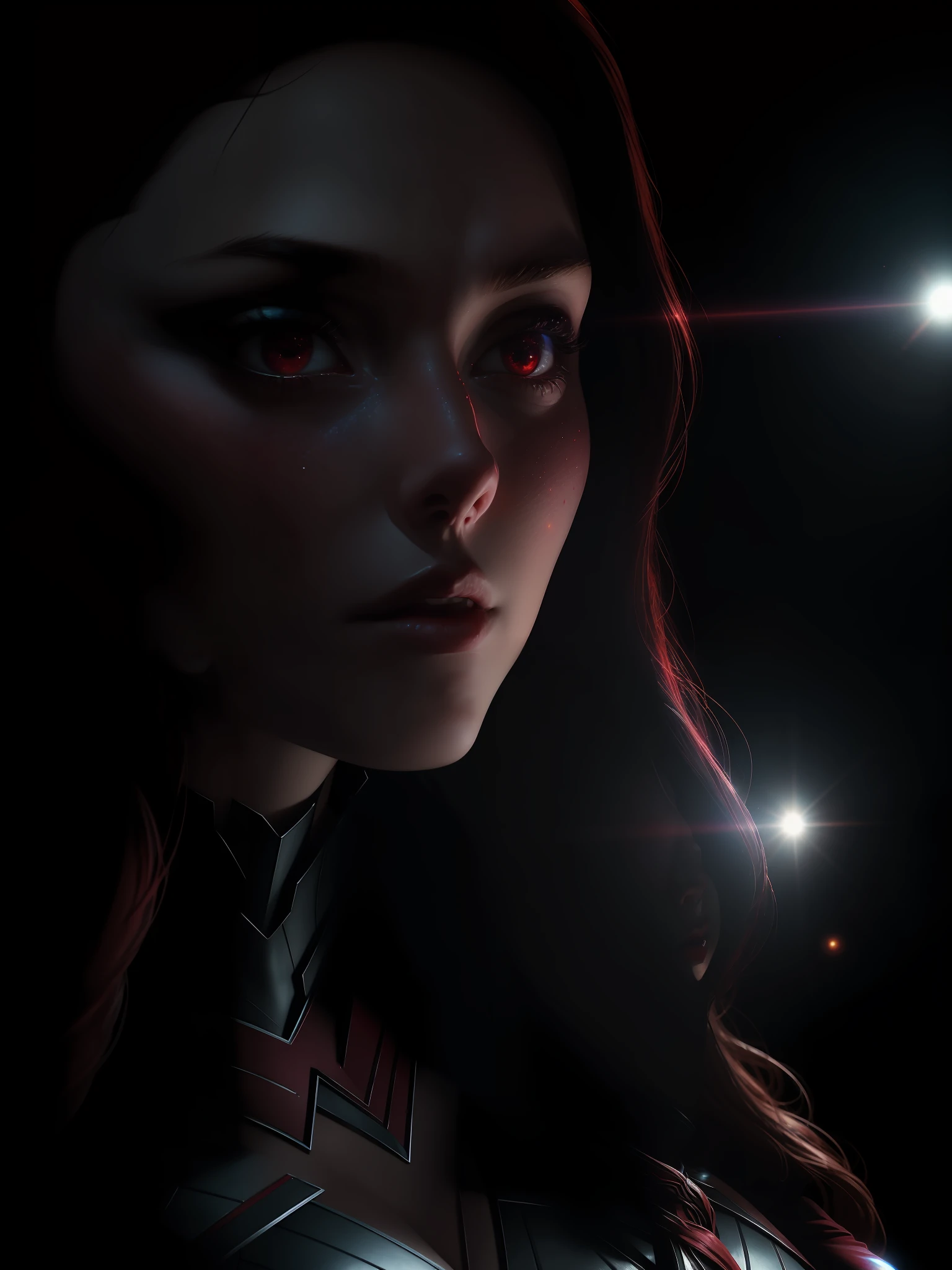 Scene from Movie, Scarlet Witch from Marvel Close-Up Shot, Distorted Space, Distorted Undead in the Background, Lens Flares, Light Shafts, Intricate Details, High Detailed, Volumetric Lighting, 4k Rendering, Stock Photo, Hyper Realistic, Realistic Textures, Dramatic Lighting, Unreal Engine