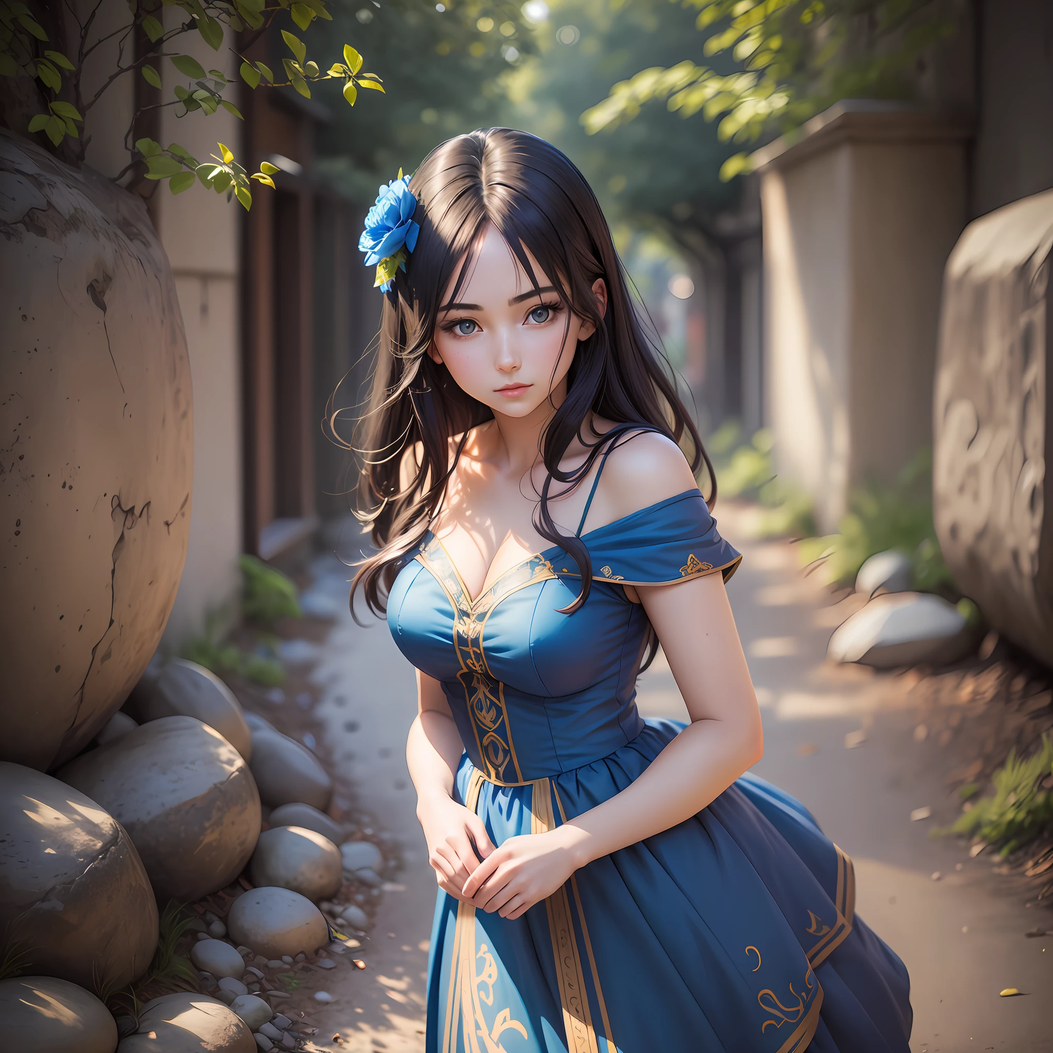 Photo of beautiful young woman, age 25, (((head in frame))), (full body), blue dress, perfectly beautiful, highly detail, dark hair, ((anime)), realistic anime portrait, anime photography