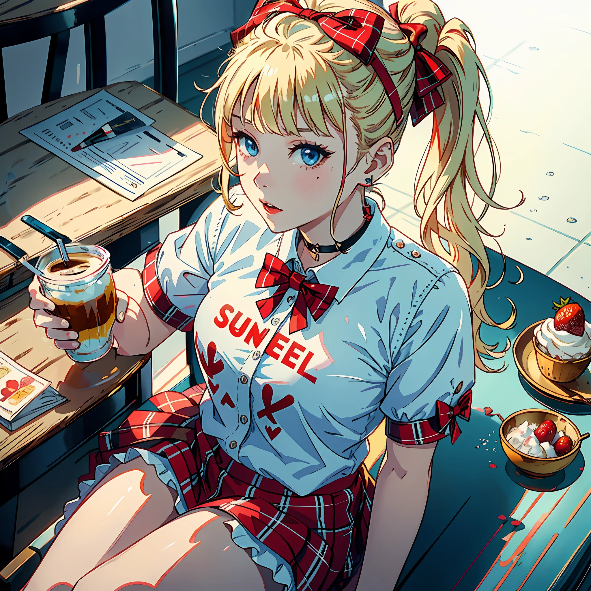 anime girl sitting on a bench with a cup of coffee, cute anime girl, anime style illustration, soda themed girl, beautiful anime high school girl, a hyperrealistic schoolgirl, anime girl, young anime girl, beautiful anime girl, anime girl drinks energy drink, anime style 4 k, digital anime illustration, retro anime girl, anime visual of a cute girl