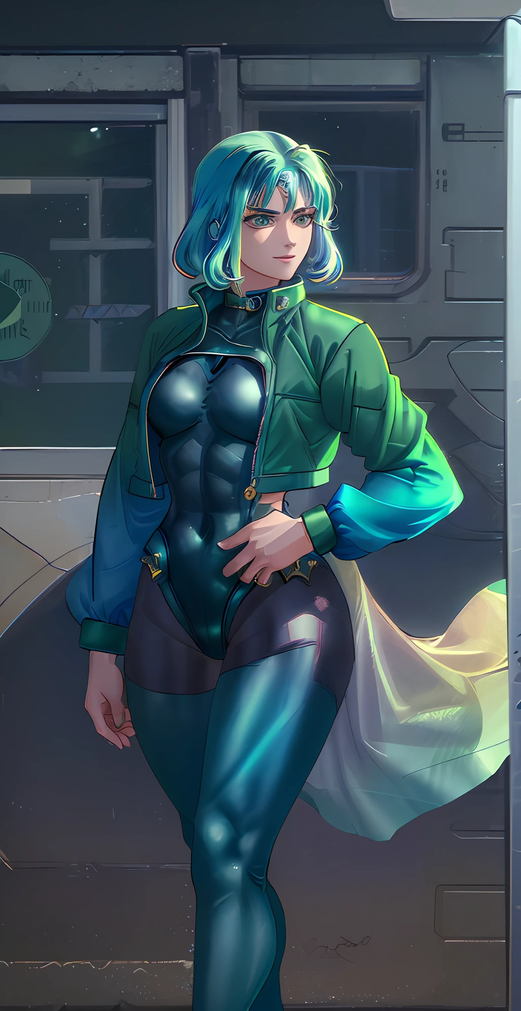 (((1woman))), (((blue hair))), ((((gradient hair)))), ((((green hair)))), DIO Brando outfit, (((DIO outfit))), part 3 jjba outfit, solo, masterpieces, best quality, high res, (((tight black leotard))), abs showing, perfect abs, large breasts, yellow jacket, crop top jacket, yellow jacket, DIO Brando outfit, smiling, (((woman)))