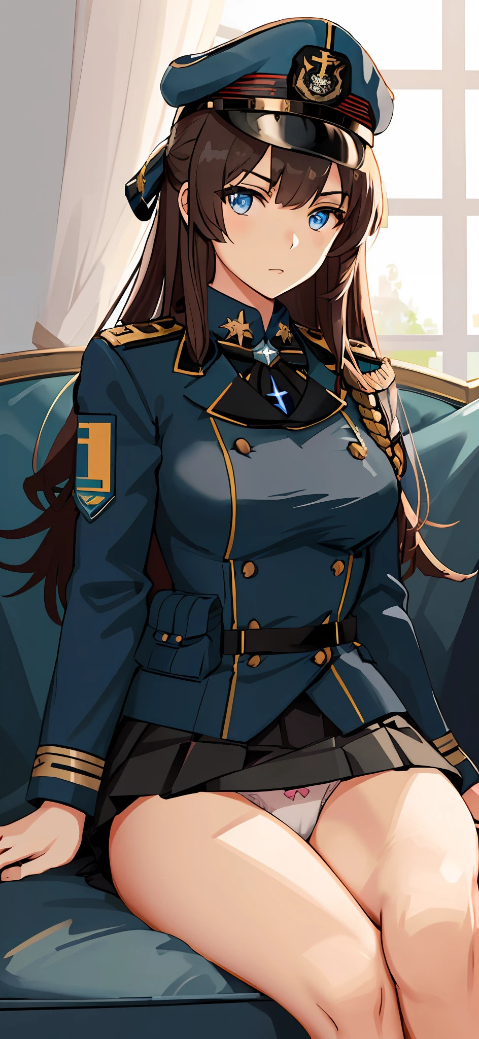 Anime girl in uniform sitting on sofa with legs open, fine details. Girls Frontline, blue uniform, wearing soldier uniform, uniform, infantry girl, wearing military uniform, wearing black military uniform, girl front line style, girl wearing uniform, wearing military uniform, highly detailed official artwork, JK uniform, from girl front line, officer, wearing military uniform and lace panties, sitting, (panties are tucked into the crotch:1.2), Panty shots, spread legs, skirt, school uniform, white panties,