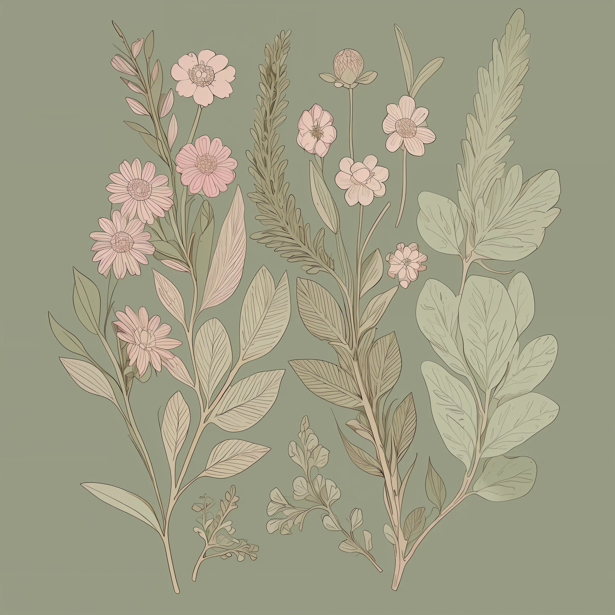 Small flower pattern label style, flat style, vector style, drawing style, naïve style, in very soft pastel colors such as old pink, moss green, pastel light blue, beige, light yellow. WHITE BACKGROUND