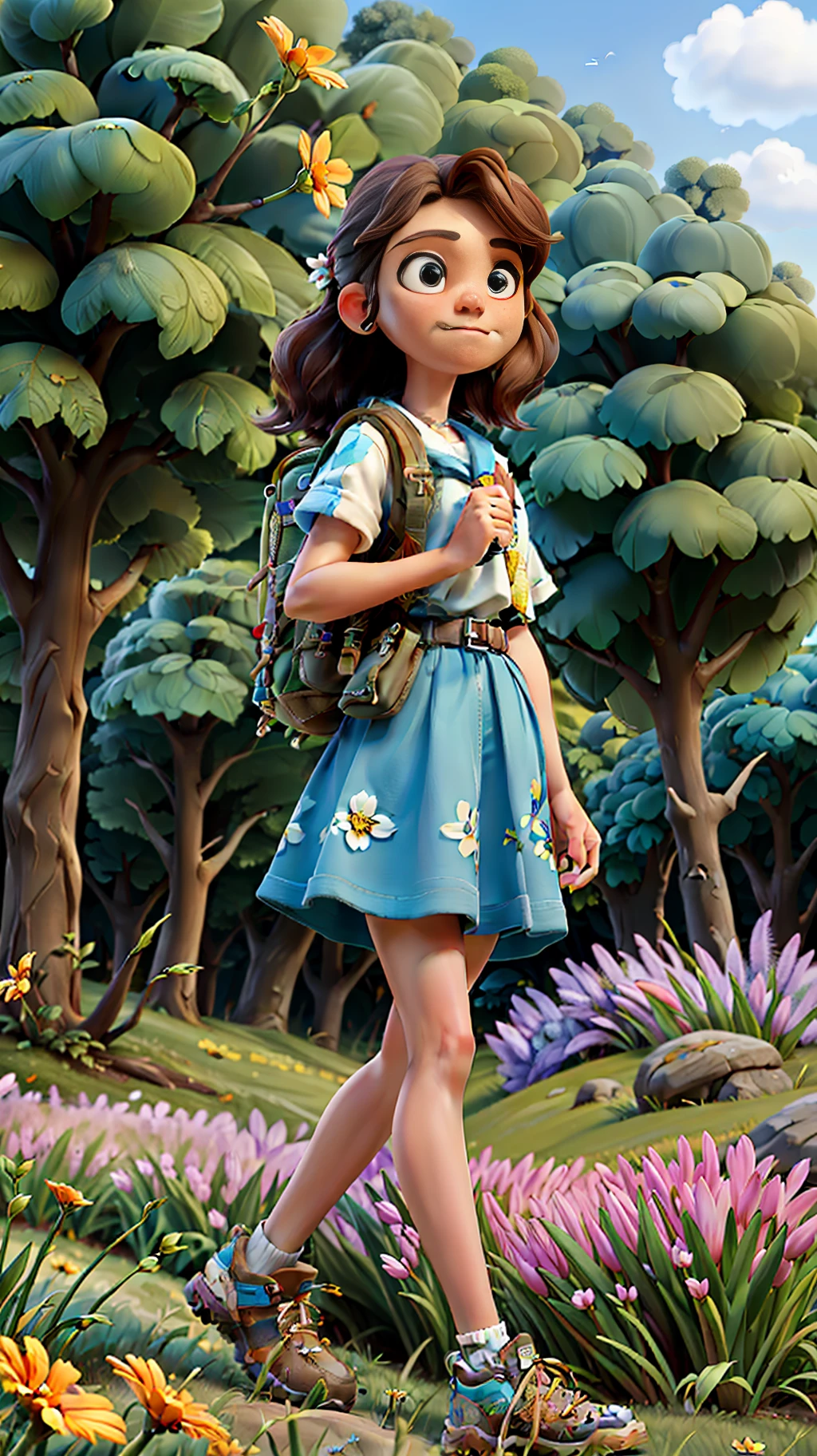 (Best quality, masterpiece), girl carrying a hiking bag, walking among flowers in the wild, tall flowers, sunshine, nature, spring, happiness, blue sky and white clouds in the background