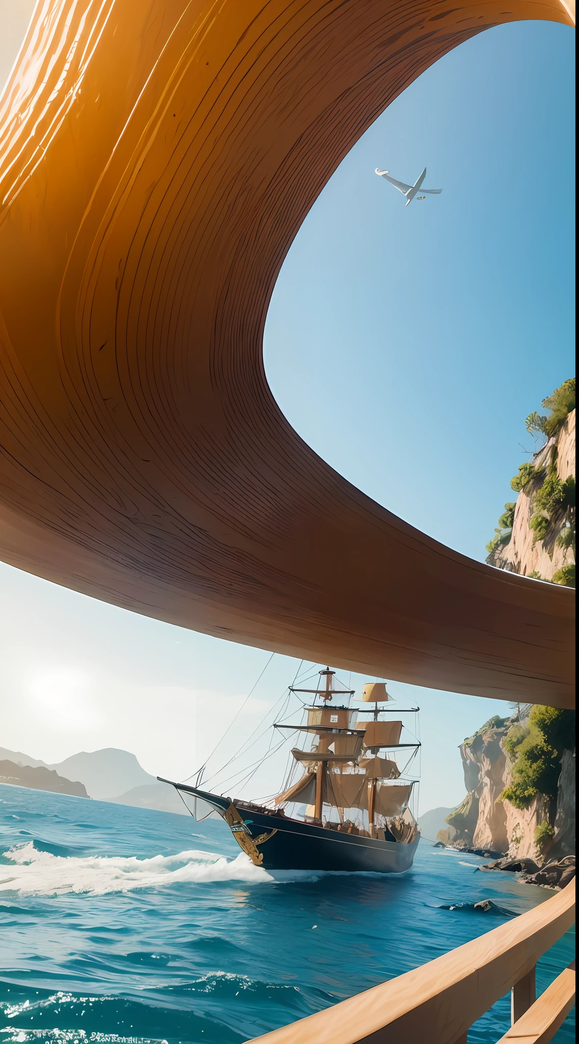 no humans, scenery, vanishing point, from below, masterpiece, best quality, 8k, absurdres, water surface, summer, noon, sunlight, blue sky, perspective, depth of field, highres, finely detail, ultra-detailed, sharp focus，Masterpiece, best quality, (8k very detailed CG unit wallpaper) (best quality), (best illustration), (best shading) a golden sea wave, bright orange aol sunset through the wave, golden water drops flying, (:1. 6), fantasy medieval pirate, saber in hand, turban, pirate hat, cocked hat, on a boat, sails, sea and sky background, the only characters, correct female anatomy, art by Greg Rutkowski, digital art by artgerm, detailed art, masterpiece, digital painting