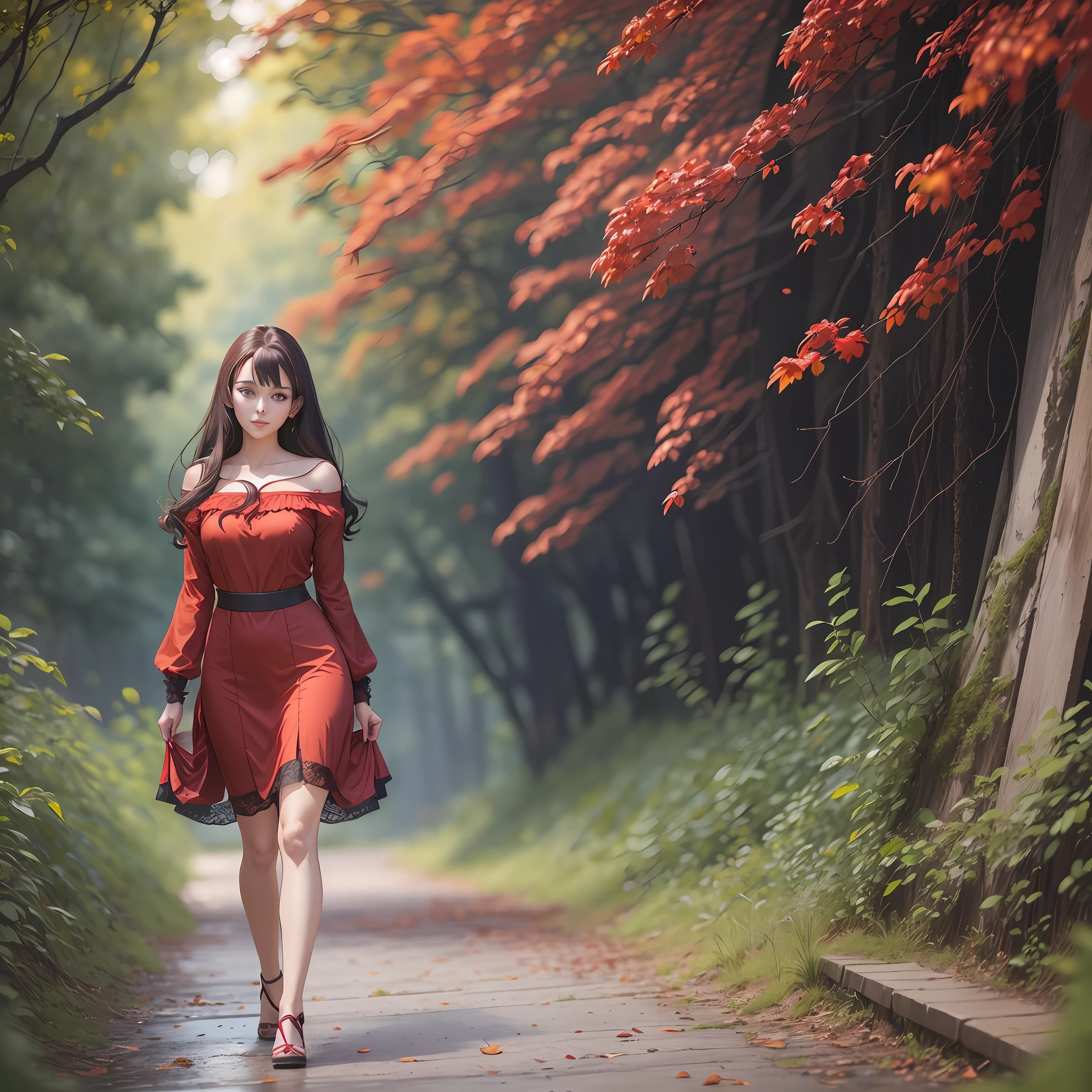 Photo of beautiful young woman, age 25, (((head in frame))), (full body), red dress, perfectly beautiful, highly detail, dark hair, ((anime)), realistic anime portrait, anime photography