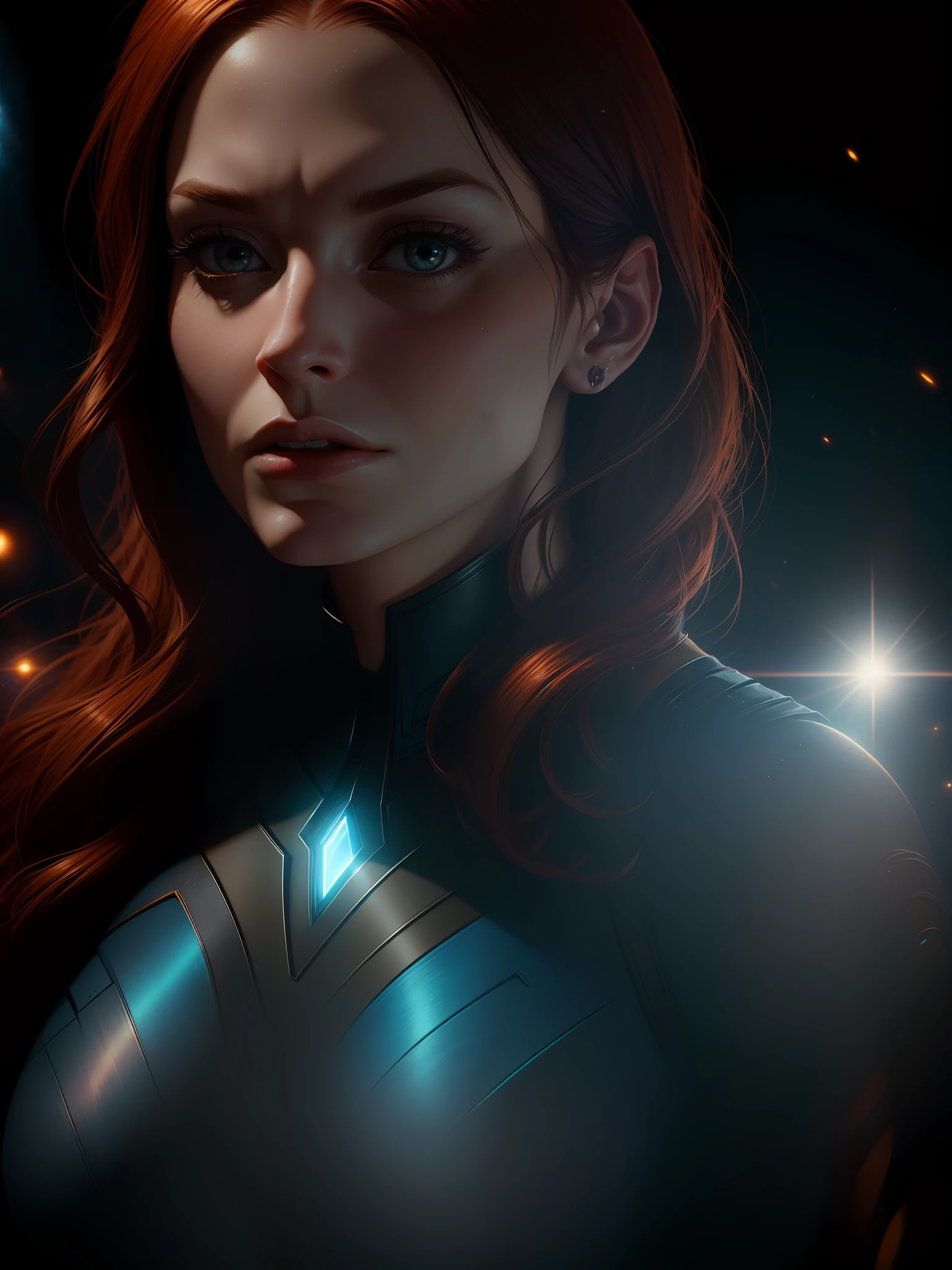 Scene from Movie, Jean Grey from Marvel Close-Up Shot, Distorted Space, Distorted Undead in the Background, Lens Flares, Light Shafts, Intricate Details, High Detailed, Volumetric Lighting, 4k Rendering, Stock Photo, Hyper Realistic, Realistic Textures, Dramatic Lighting, Unreal Engine
