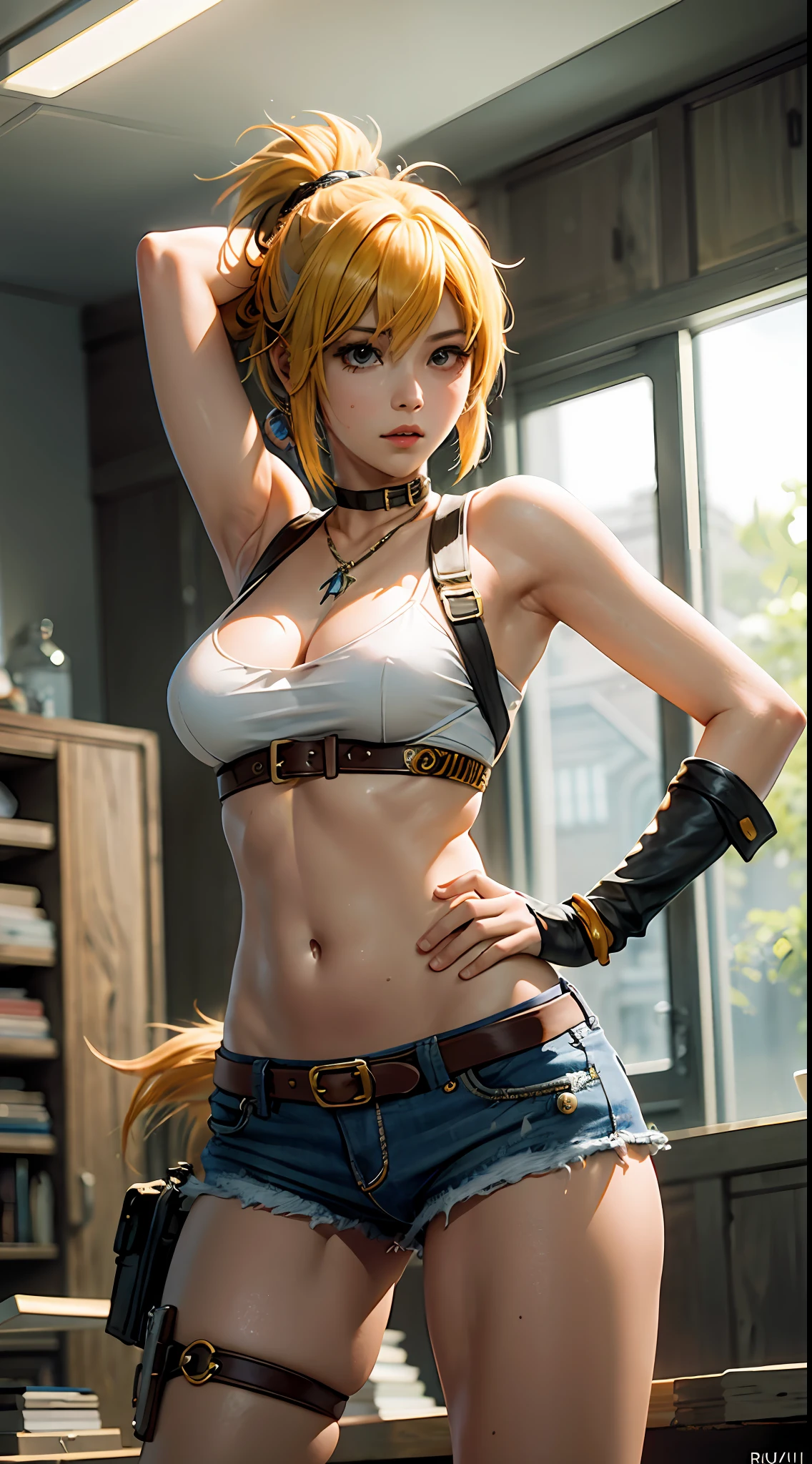 RAW photo, masterpiece, best quality, (1girl), beautiful girl, messy blone hair, Rikku, Rikku from Final Fantasy, Rikku costume, cinematic light, cool pose