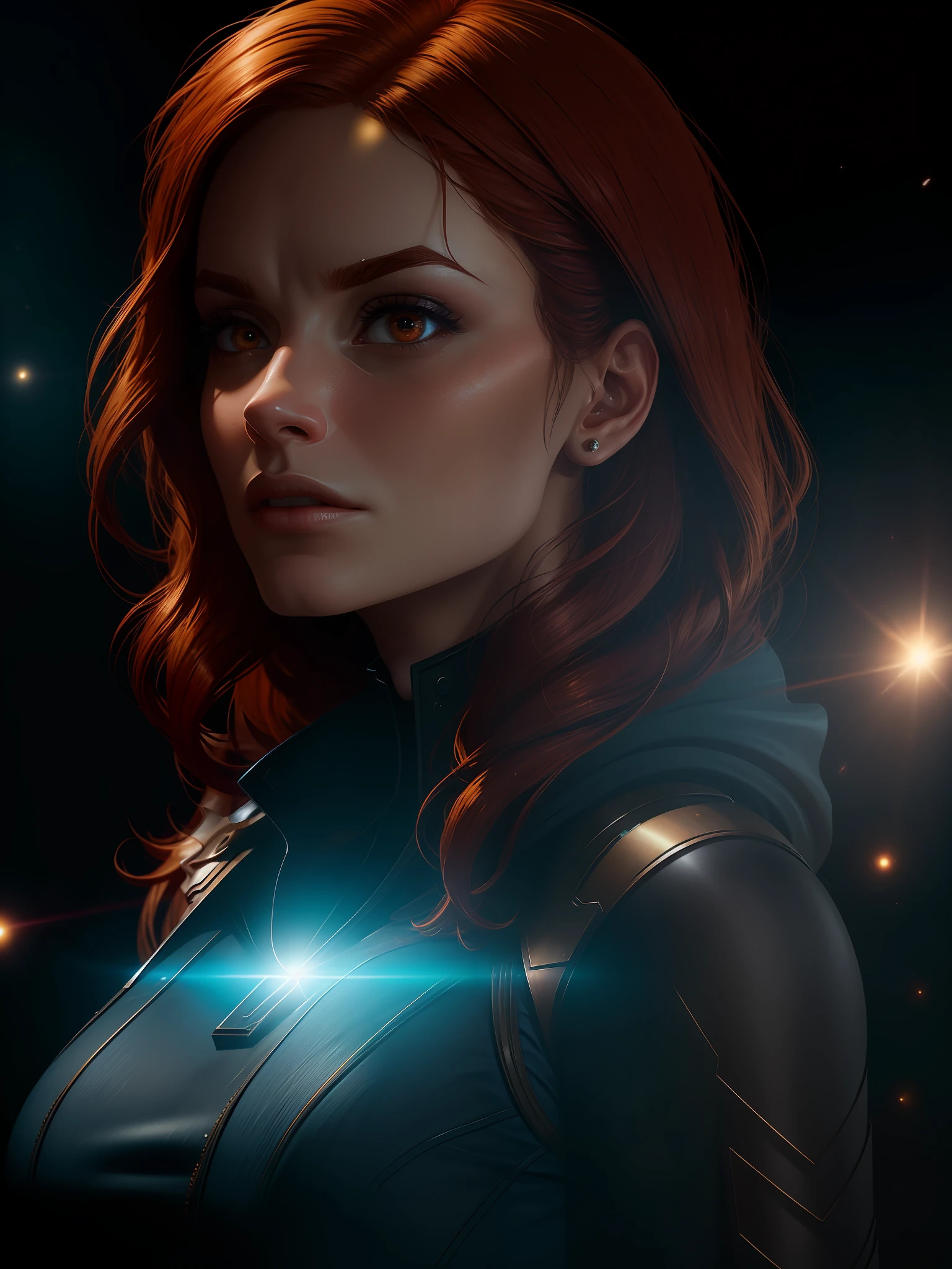 Scene from Movie, Jean Grey from Marvel Close-Up Shot, Distorted Space, Distorted Undead in the Background, Lens Flares, Light Shafts, Intricate Details, High Detailed, Volumetric Lighting, 4k Rendering, Stock Photo, Hyper Realistic, Realistic Textures, Dramatic Lighting, Unreal Engine