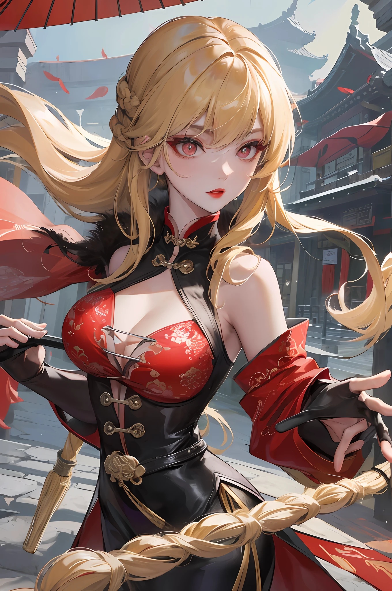 8K masterpiece superb night full moon 1 female Chinese style Chinese architecture mature woman sister woman long blonde hair, red lips calm and rational bangs gray pupil assassin umbrella, umbrella, lightning flying, exquisite face, characteristic clothing, Tang costume, night