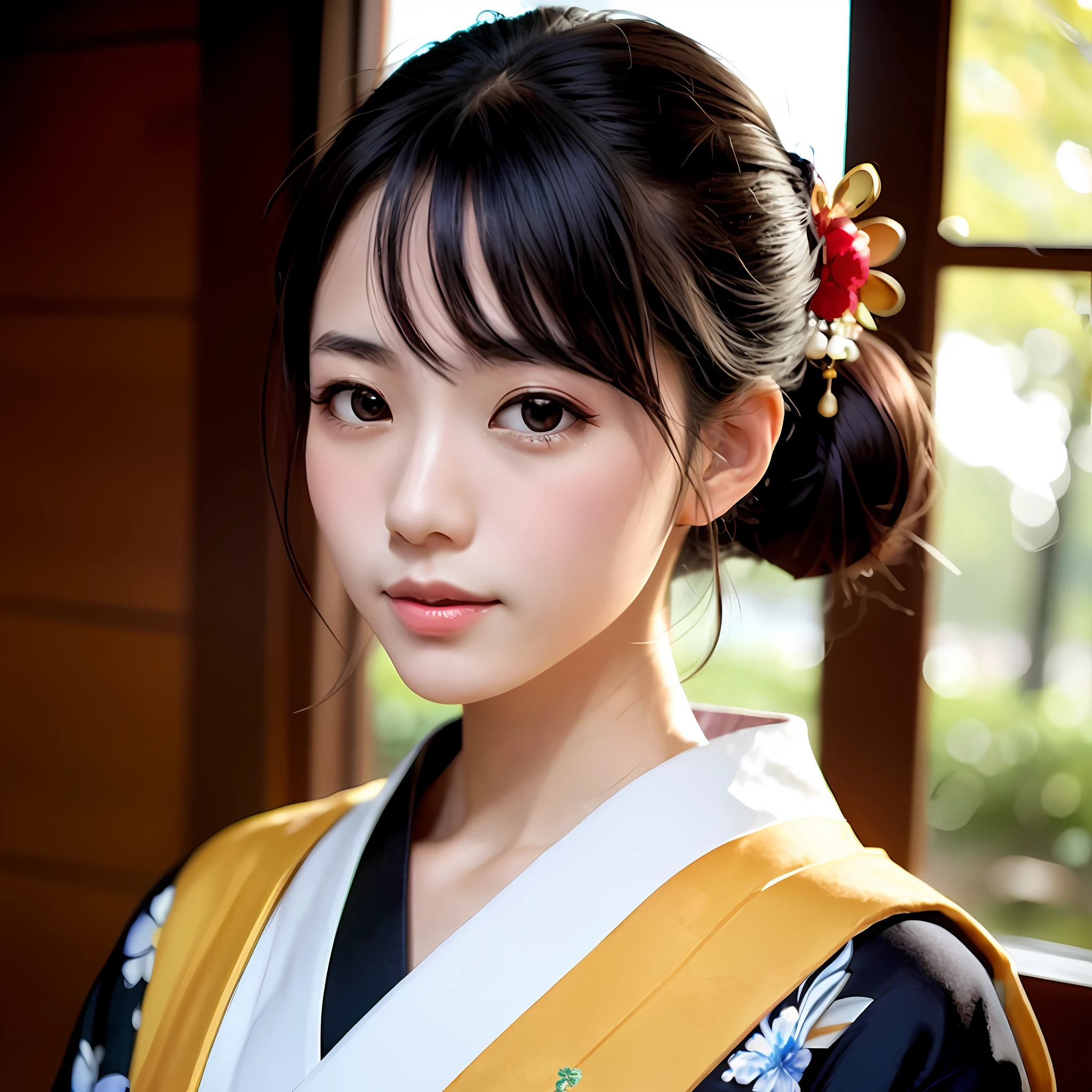 There is a woman in kimono looking at camera, beautiful Japan girl face, traditional beauty, in kimono, Japan model, in kimono, portrait of Japan girl, elegant Japan woman