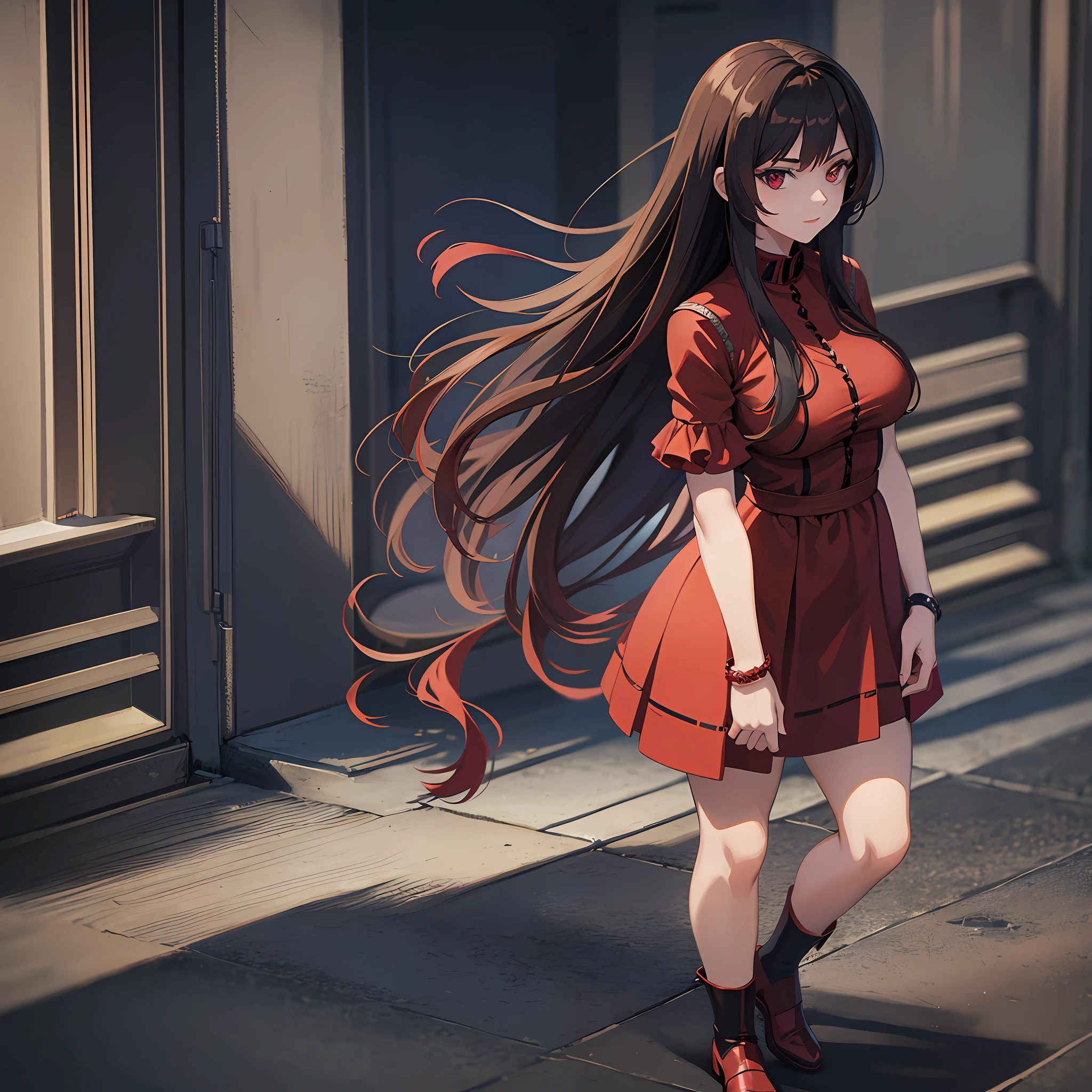 Photo of beautiful young woman, age 25, (((head in frame))), (full body), red dress, perfectly beautiful, highly detail, dark hair, ((anime)), realistic anime portrait, anime photography