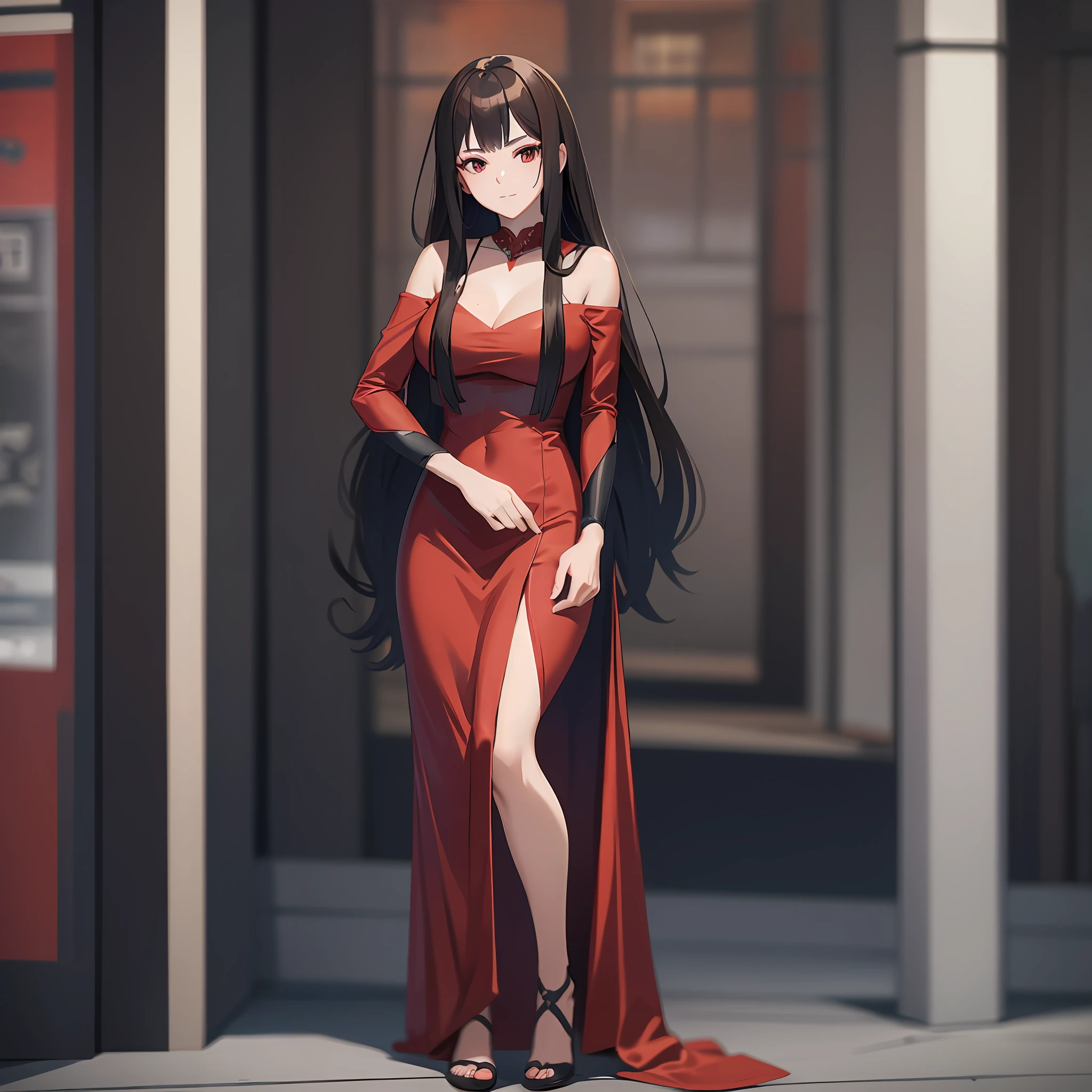 Photo of beautiful young woman, age 25, (((head in frame))), (full body), red dress, perfectly beautiful, highly detail, dark hair, ((anime)), realistic anime portrait, anime photography