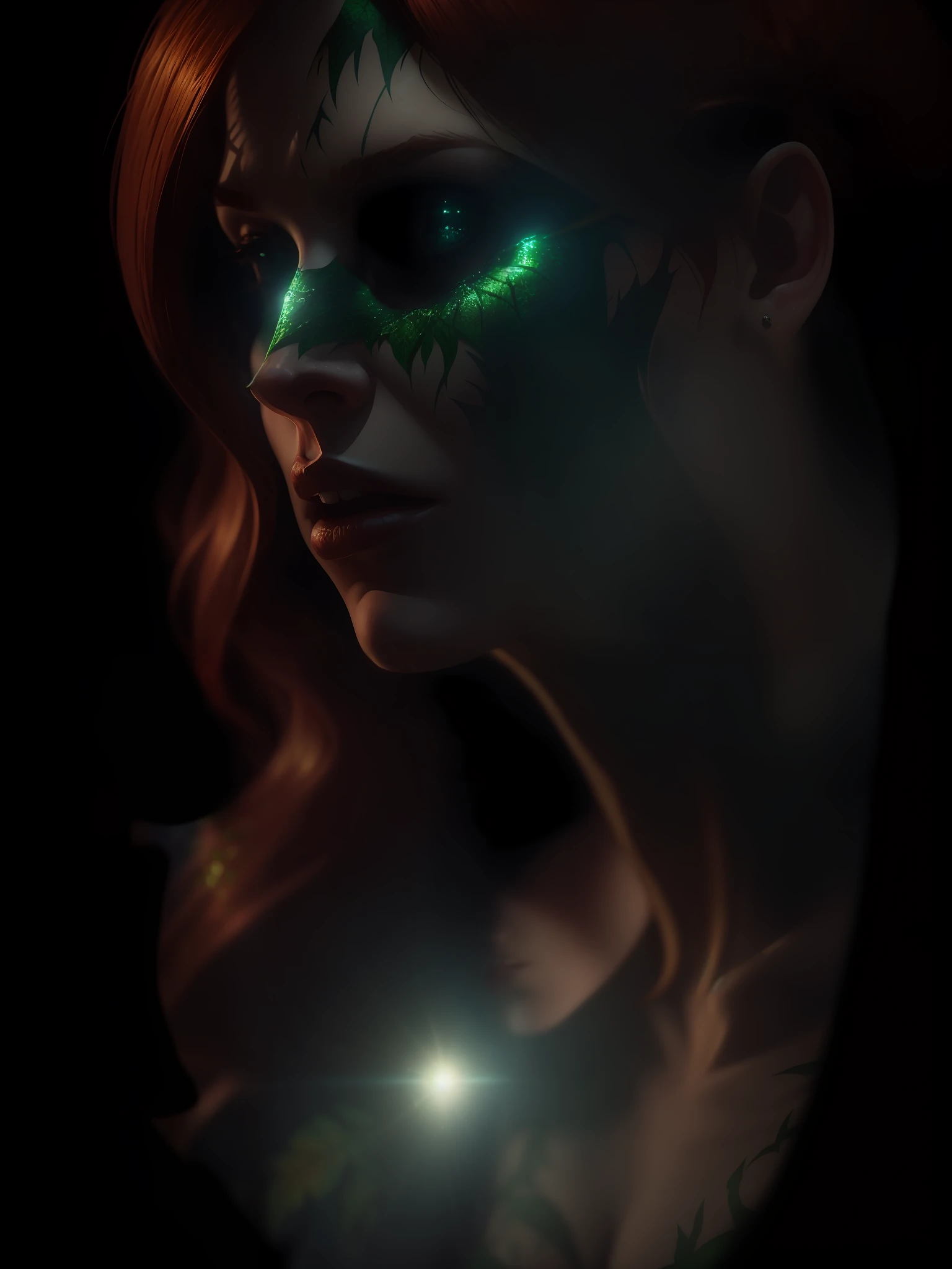 Movie scene, Poison Ivy from DC close-up shot, distorted space, distorted undead in the background, lens flares, light shafts, intricate details, high detailed, volumetric lighting, 4k rendering, stock photo, hyperrealistic, realistic textures, dramatic lighting, Unreal Engine