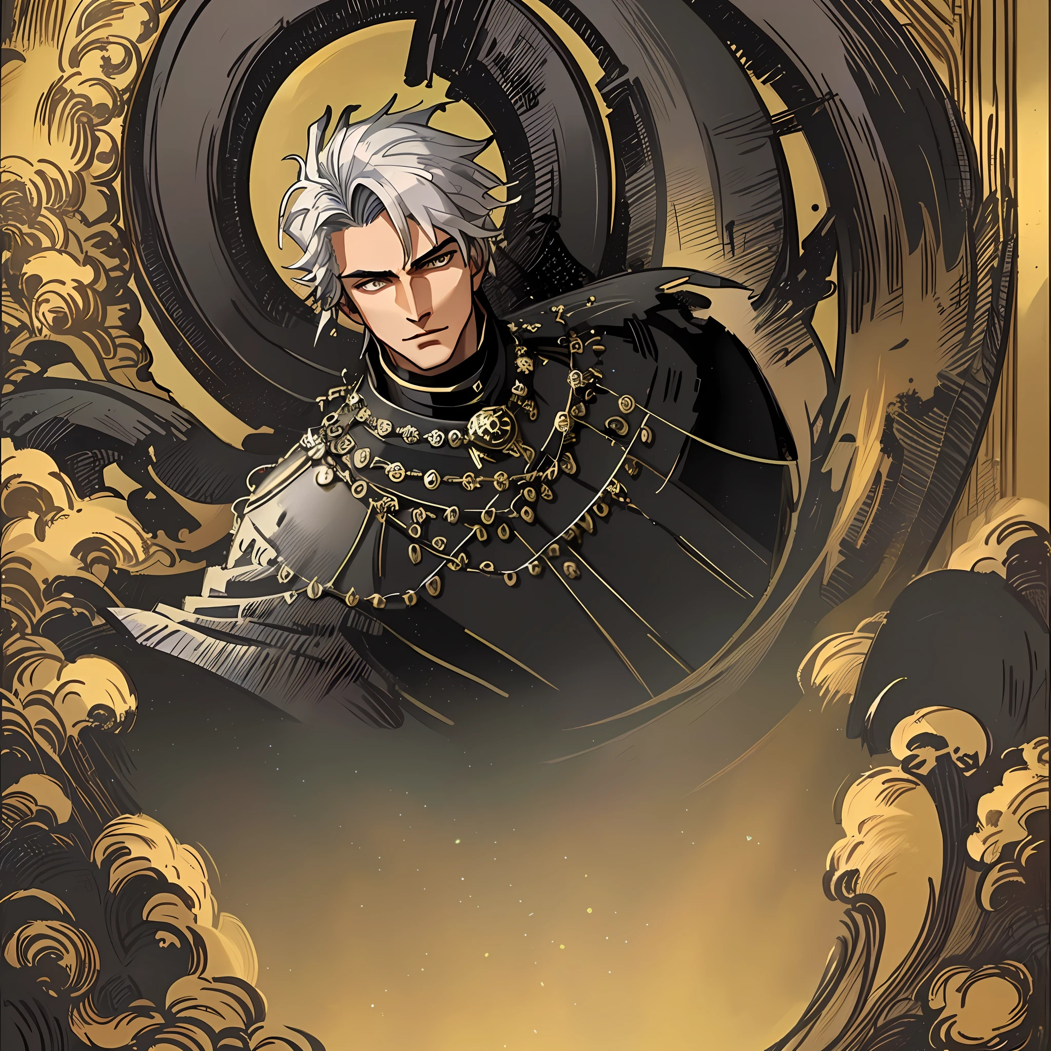 ((Best quality)), ((masterpiece)), (detailed: 1.4), 3D, an image of an attractive man, 8k, dressed in a black fire, looking at the viewer, menacing feature