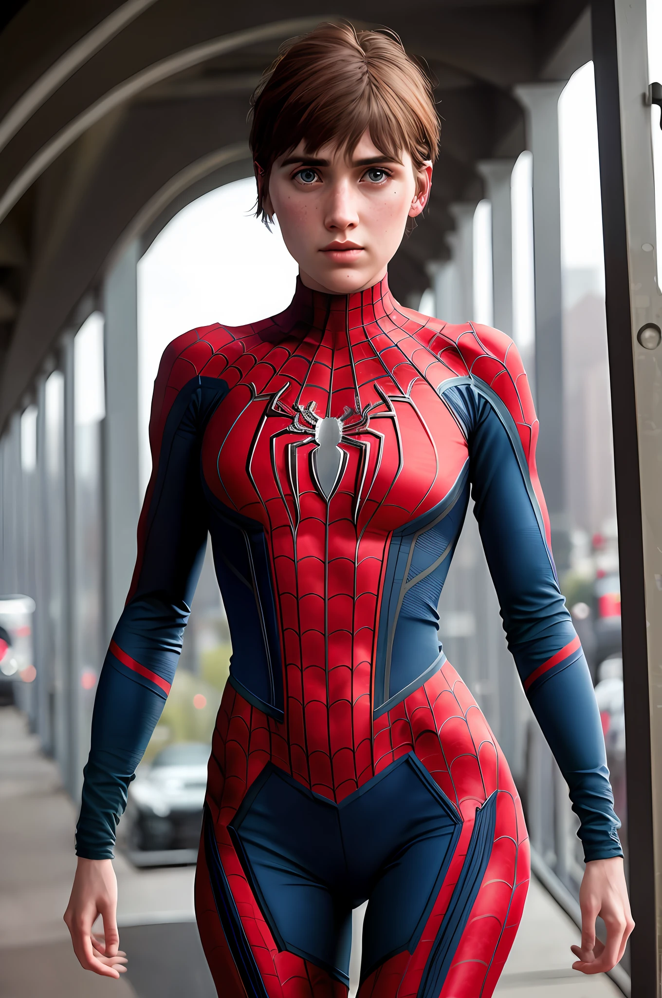 Ellie Williams in spider-man costume, 18 years old, short hair with bangs broken to the right, deep neckline, rough face, in new york, shot in dslr, detailed face, amazing body, cinematography, maximum details, neutral colors, hdr, soft colors, soft cinematic light, insane details, intricate details, hyperdetailed, detailed costume, spider on the chest detailed, standing posture, more hair on the nape of the neck