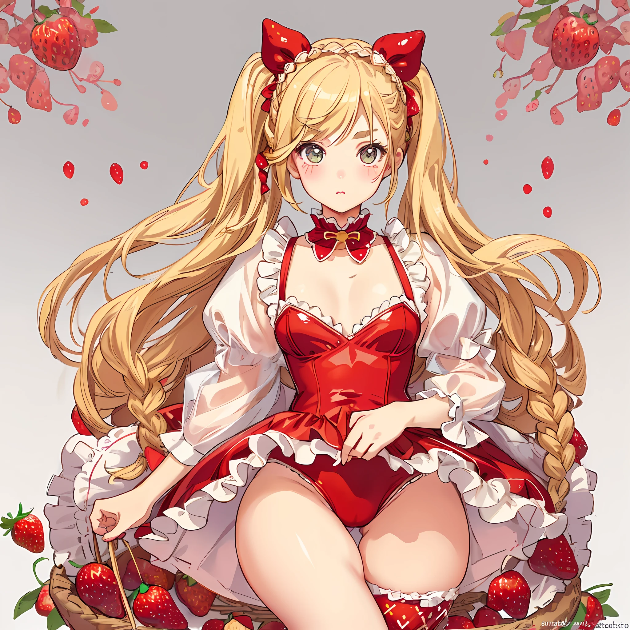 Rabbit, pigtails, small, nipple seals, huge thighs, thick eyebrows, thin waist, female brat, beautiful blonde, braid, strawberry, strawberry costume, strawberry cross-section, simple background, (masterpiece), ((highest quality)), (super detailed), girl, (beautiful eyes)), beautiful detailed eyes, clean and detailed face, five fingers, textile shading, perfect anatomy,