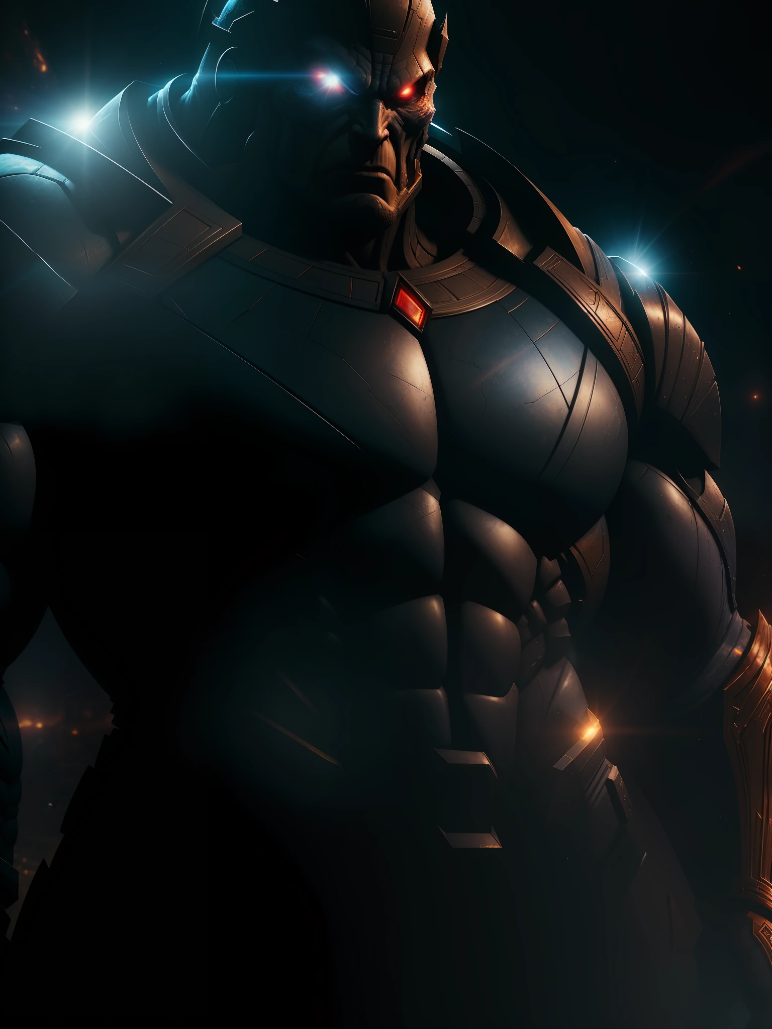 Movie scene, close-up shot of Darkseid from DC, distorted space, distorted undead in the background, lens flares, light shafts, intricate details, highly detailed, volumetric lighting, 4k rendering, stock photo, hyperrealistic, realistic textures, dramatic lighting, Unreal Engine
