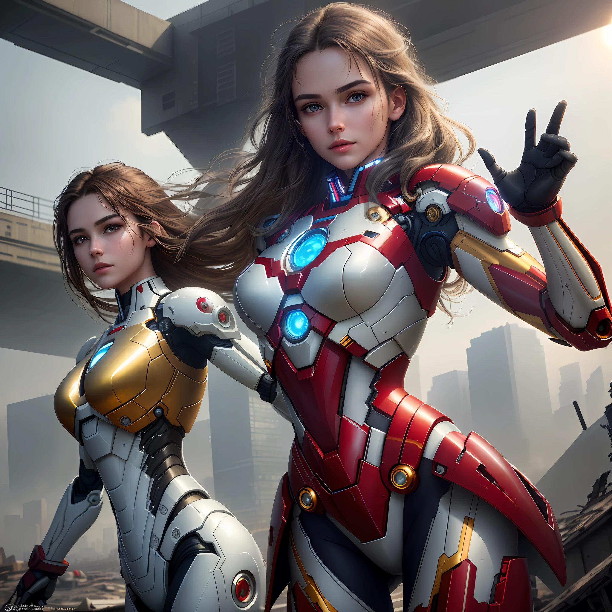 RAW, Masterpiece, Ultra Fine Photo, landscape photo for desktop, Best Quality, Ultra High Resolution, Photorealistic, Sunlight, Full Body Portrait, Stunningly Beautiful, Dynamic Poses, Delicate Face, Vibrant Eyes, (Side View), she is wearing a futuristic Iron Man mech, red and gold color scheme, highly detailed abandoned warehouse background, detailed face, detailed and complex busy background, messy, gorgeous, milky white, high detailed skin, realistic skin details, visible pores , sharp focus, volumetric fog, 8k uhd, dslr camera, high quality, film grain, fair skin, photorealism, Lomography, sprawling metropolis in futuristic dystopia, view from below, translucent,
