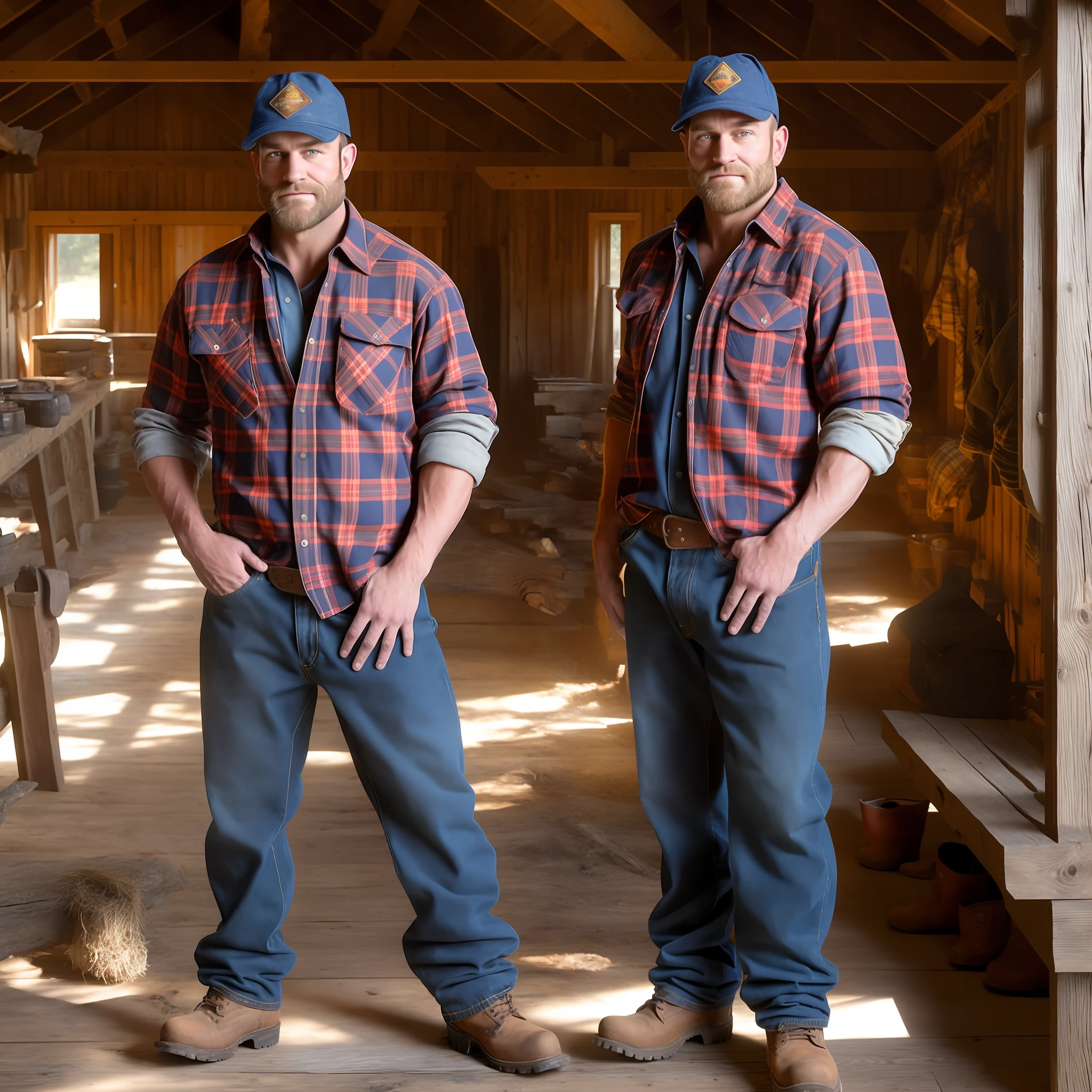 A lumberjack-style man, in a cap, burly, wearing a plaid shirt, battered and worn jeans, safari boots, cim axe in hand, posing for the photo, in a rustic wooden barn. Sun coming in through the cracks of the weathered ceiling. Scene with a touch of the designer alex ross
