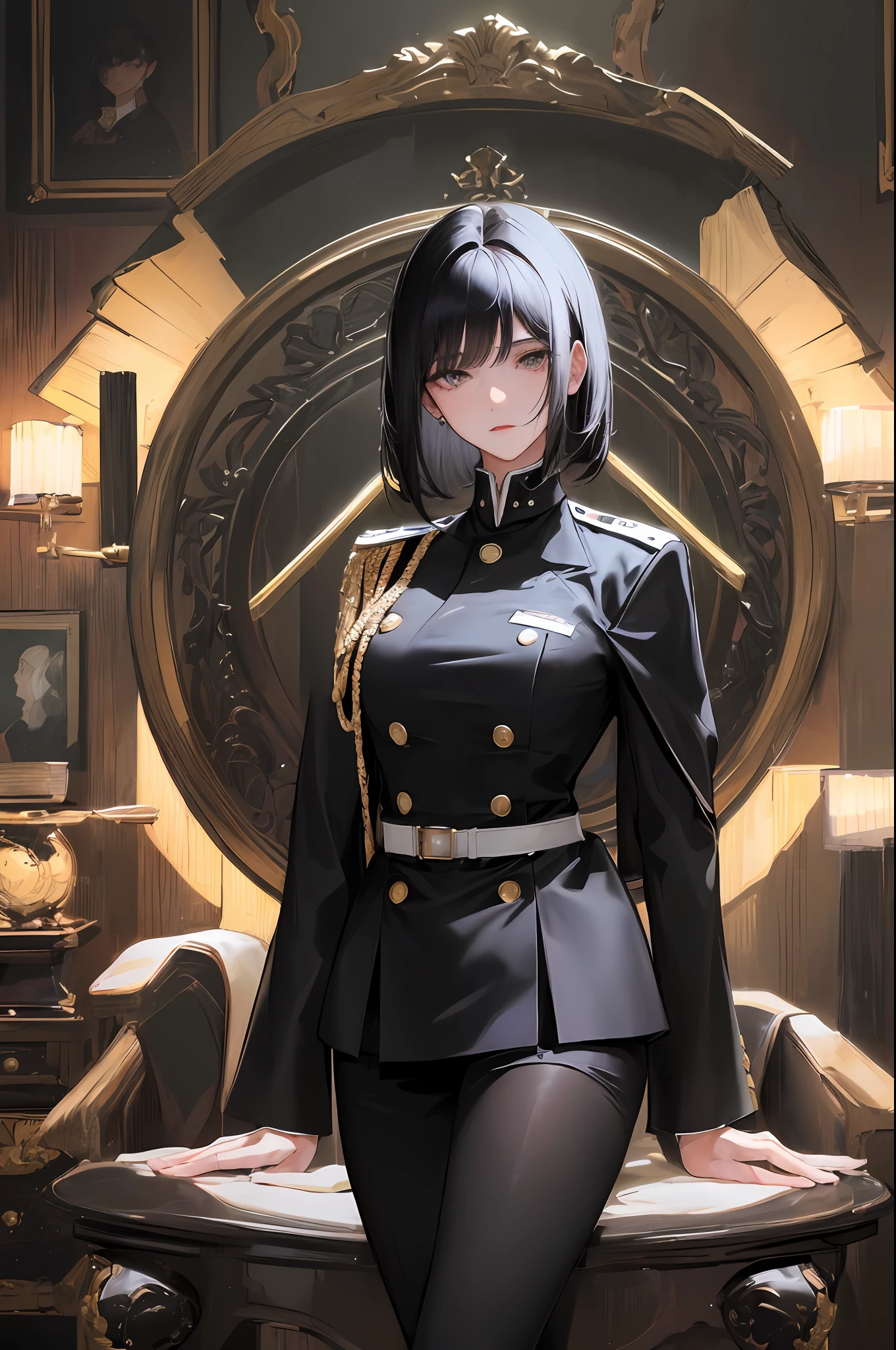(highest resolution, distinct_image) best quality, woman, masterpiece, high detail, realism, short black hair, black hair, bangs, shoulder-length hair, mature, young, black clothes, black uniform, military school beauty, heroic posture, interior background, exquisite facial features, super high resolution, cinematic texture, complete five fingers, light and shadow effects