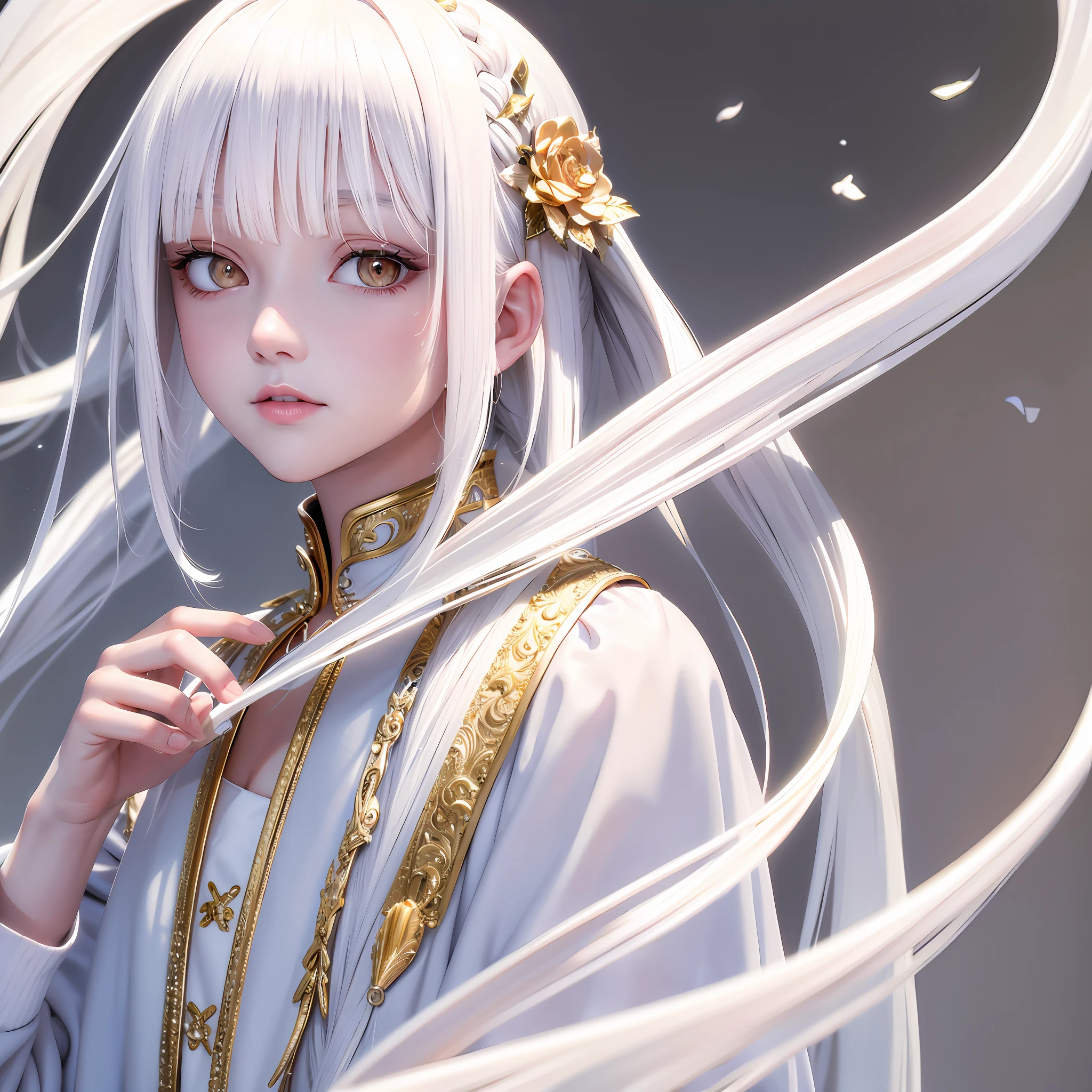 best quality, masterpiece,white hair, gold eyes,white clothes, looking up, upper body,hair strand,Fair skin,side braids