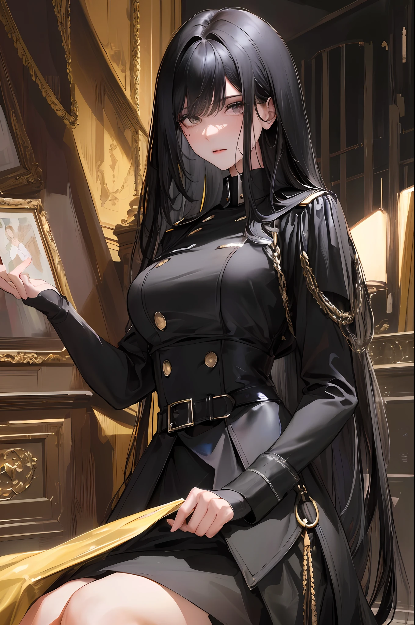 (highest resolution, distinct_image) best quality, woman, masterpiece, high detail, realism, short black hair, black hair, bangs, shoulder-length hair, mature, young, black clothes, black uniform, military school beauty, heroic posture, interior background, exquisite facial features, super high resolution, cinematic texture, complete five fingers, light and shadow effects