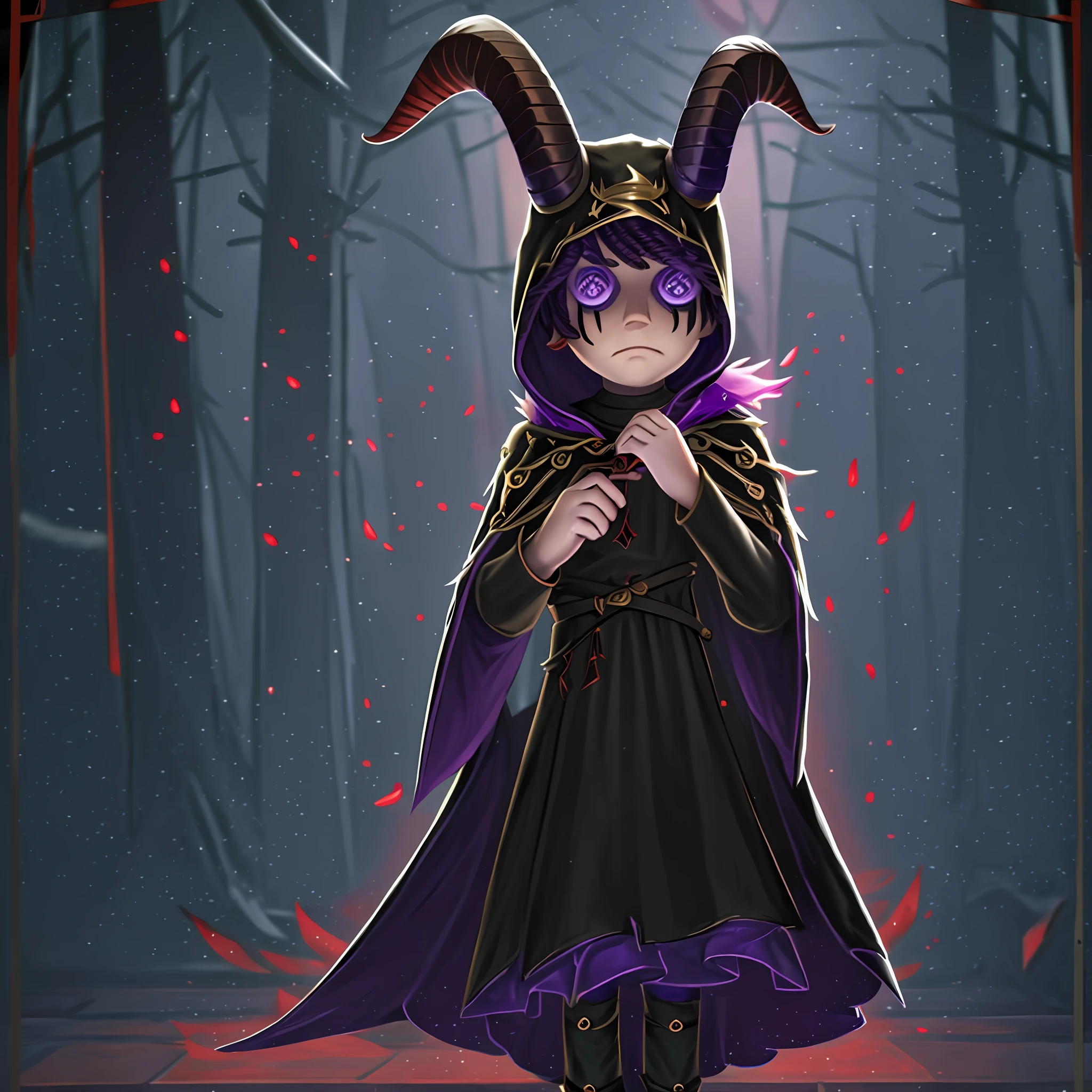 Masterpiece, high quality, young boy, black dress, purple cloak with hood, two black horns from hood, red hair, facing forward, looking at camera, full body, center of screen