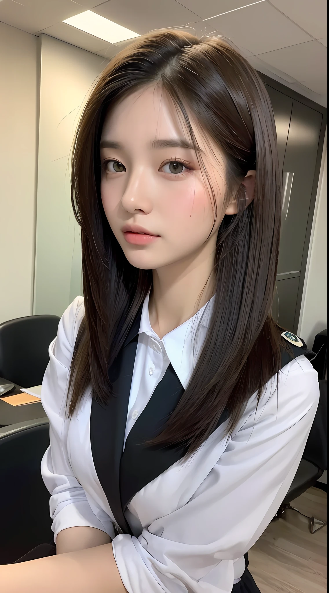 ((Best Quality, 8K, Masterpiece: 1.3)), Sharp: 1.2, Perfect Body Beauty: 1.4, ((Layered Hairstyle)), (OL Uniform: 1.1), (Office: 1.2), Highly detailed face and skin texture, detailed eyes, double eyelids, bust, looking at the camera