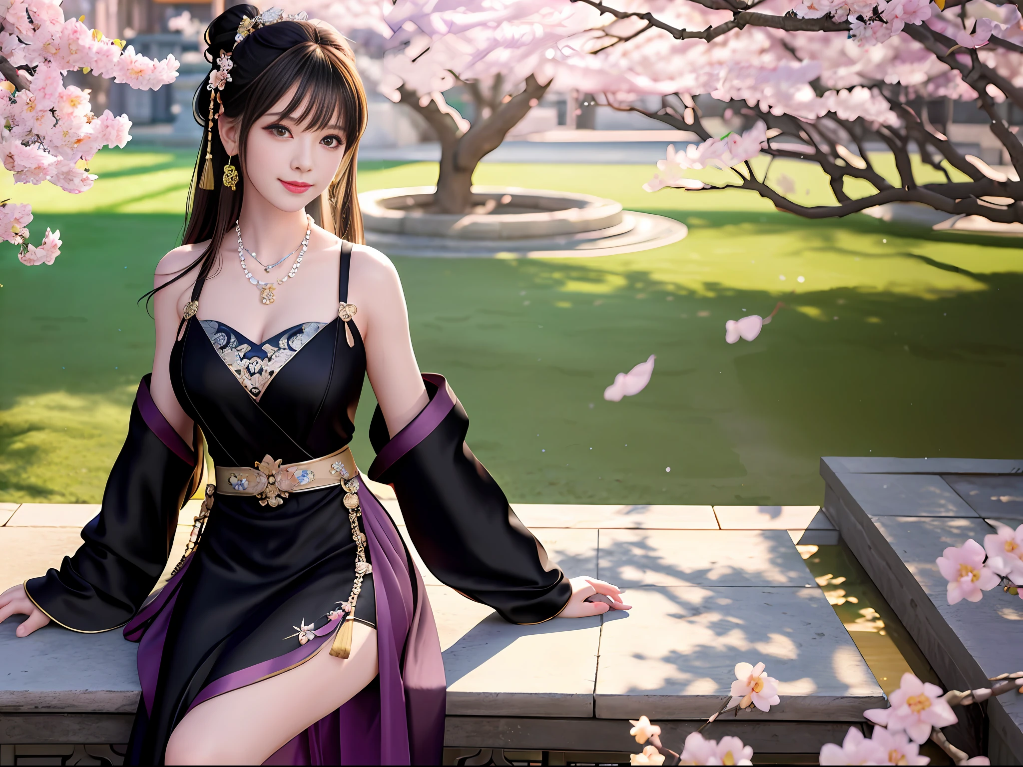 Excellent, masterpiece, high resolution, 8k, wallpaper, (((a girl))), (solo))), sitting on a stool, blush, star pupils, (realistic face), (highly detailed face), bright big eyes, (smile: 0.9), beautiful and delicate face, sexy body, Chinese hanfu, ((black dress)), leaky shoulders, suspenders, cleavage, medium boobs, long hair, bangs, hair bun, hair accessories, necklaces, jewelry, beauty, tyndall effect, realistic, light edge, ancient courtyard, The courtyard is full of plum blossoms, (high detail skin: 1.2), 8k uhd, SLR, soft light, high quality, volumetric lighting, candid shot, photo, high resolution, background bokeh