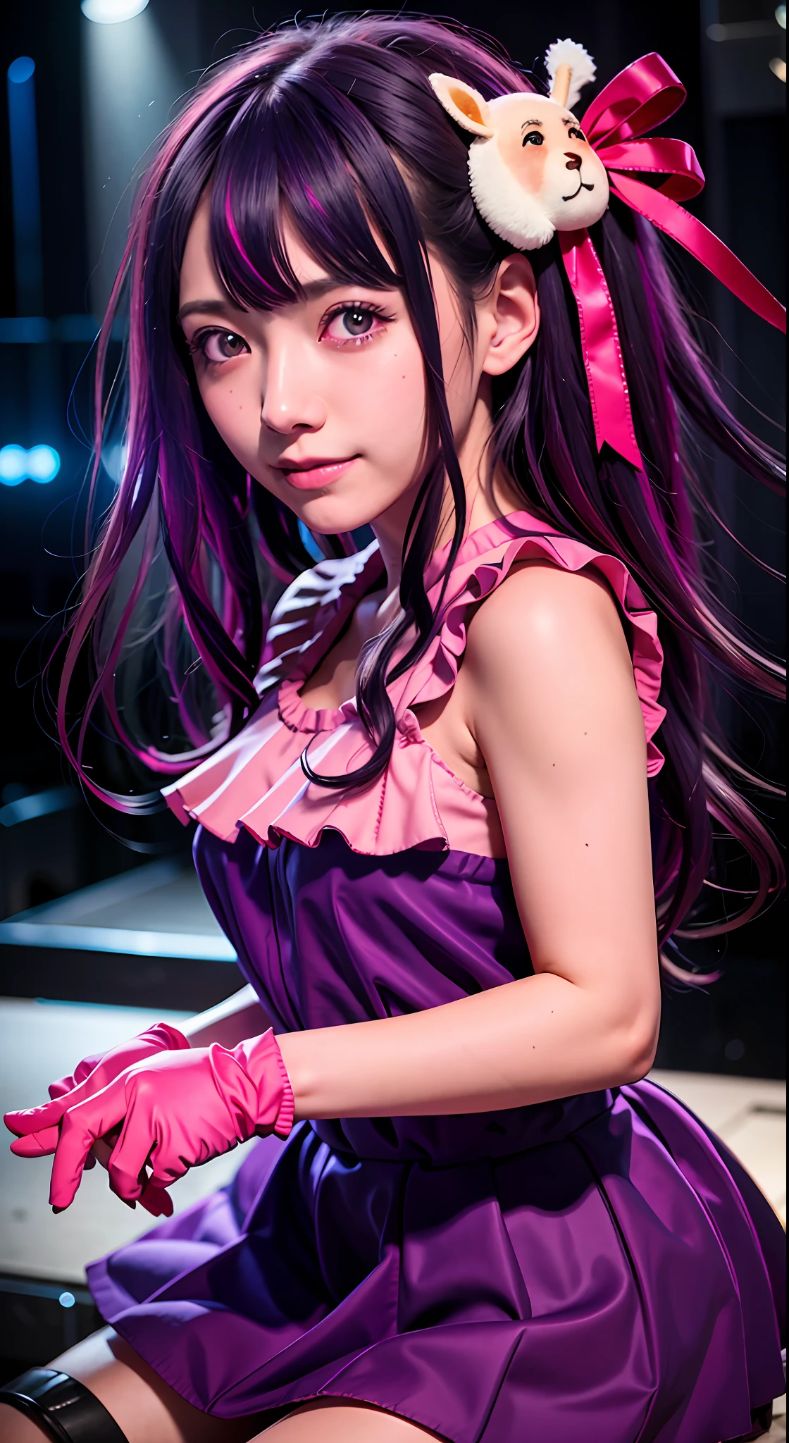 masterpiece, RAW Photo, 8k ultra detailed, detailed eyes, detailed face, best quality, ultra-detailed,solo, hoshinoai, skirt, pink gloves, hair ornament, looking at viewer, heart, purple eyes, light purple hair,