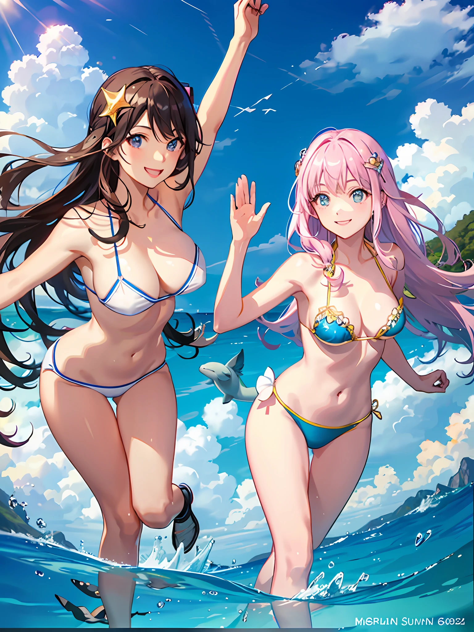 super smile, breast, summer, sun, sea, beach, approaching sun, beauty in the center, dolphin, mermaid, reflection, --v6