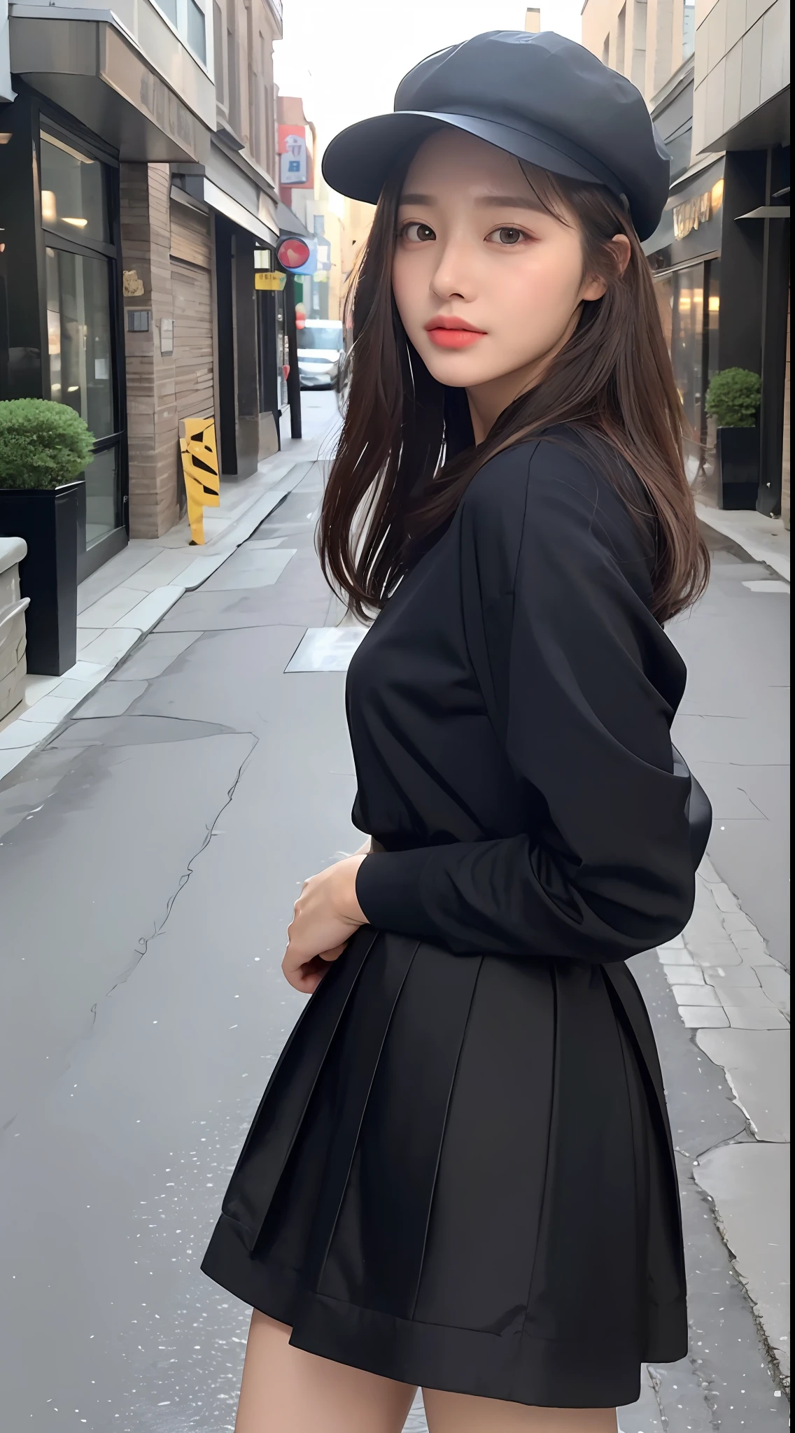 ((Best Quality, 8K, Masterpiece: 1.3)), (Stepmother Skirt: 1.5), (Newsboy Hat: 1.3), Focus: 1.2, Perfect Body Beauty: 1.4, Buttocks: 1.2, (Layered Haircut: 1.2)), (Dark Street: 1.3), Highly detailed face and skin texture, Full body, fine eyes, Double eyelids, whitening skin, long hair, (round face: 1.5),