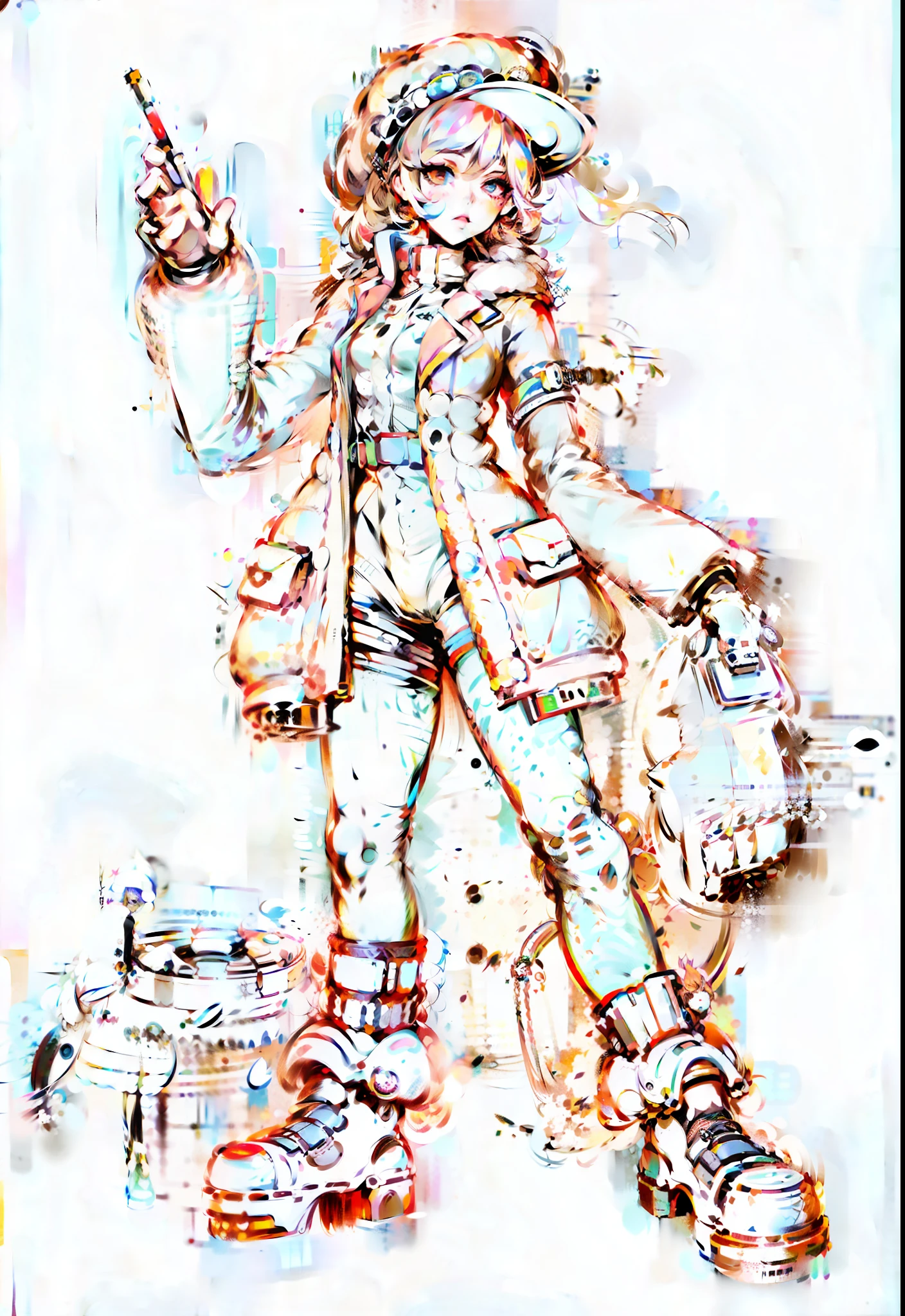 a drawing of a woman in a hat and coat holding a cigarette, full body concept, full body character drawing, detailed full body concept, ( ( character concept art ) ), clear outfit design, sketchy artstyle, line sketch!!, character design sketch, female mecha, explorer sketch, detailed full body concept art, female protagonist 👀 :8