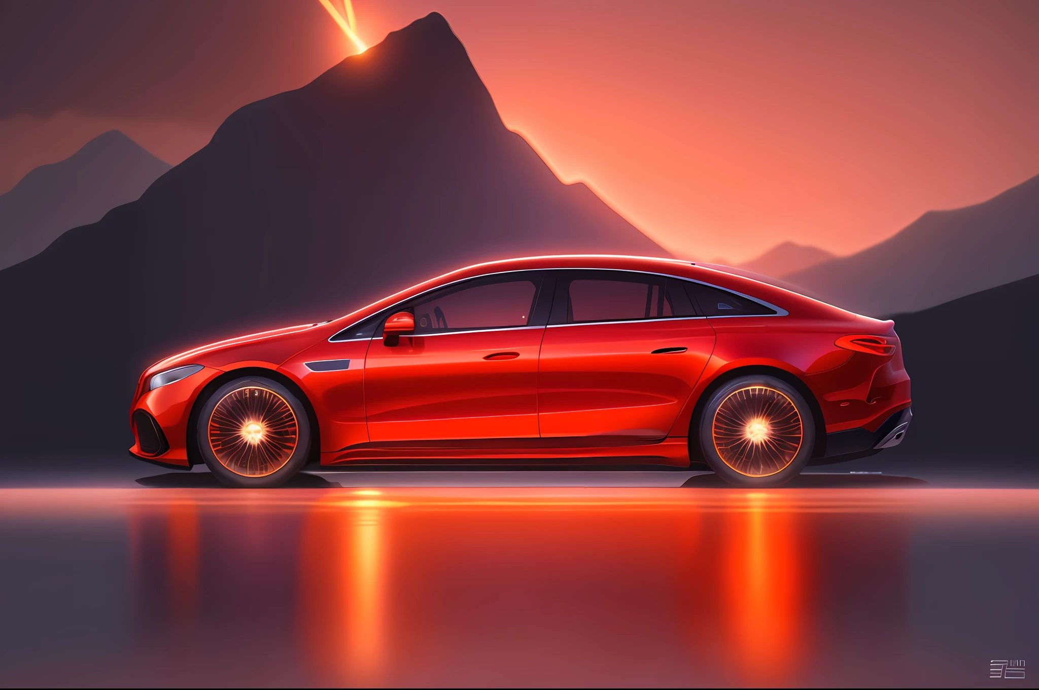 Mercedes ESQ, Car, Alien Planet, Futurism, (Backlight: 1.2), (Mars: 1.2), Headlights, Light, (Puddles: 1), (Teal and Orange, : 1.3) Mountains, Clouds, Primetime, (Movie Appearance, : 0.8) Ultra-detailed, Atmospheric