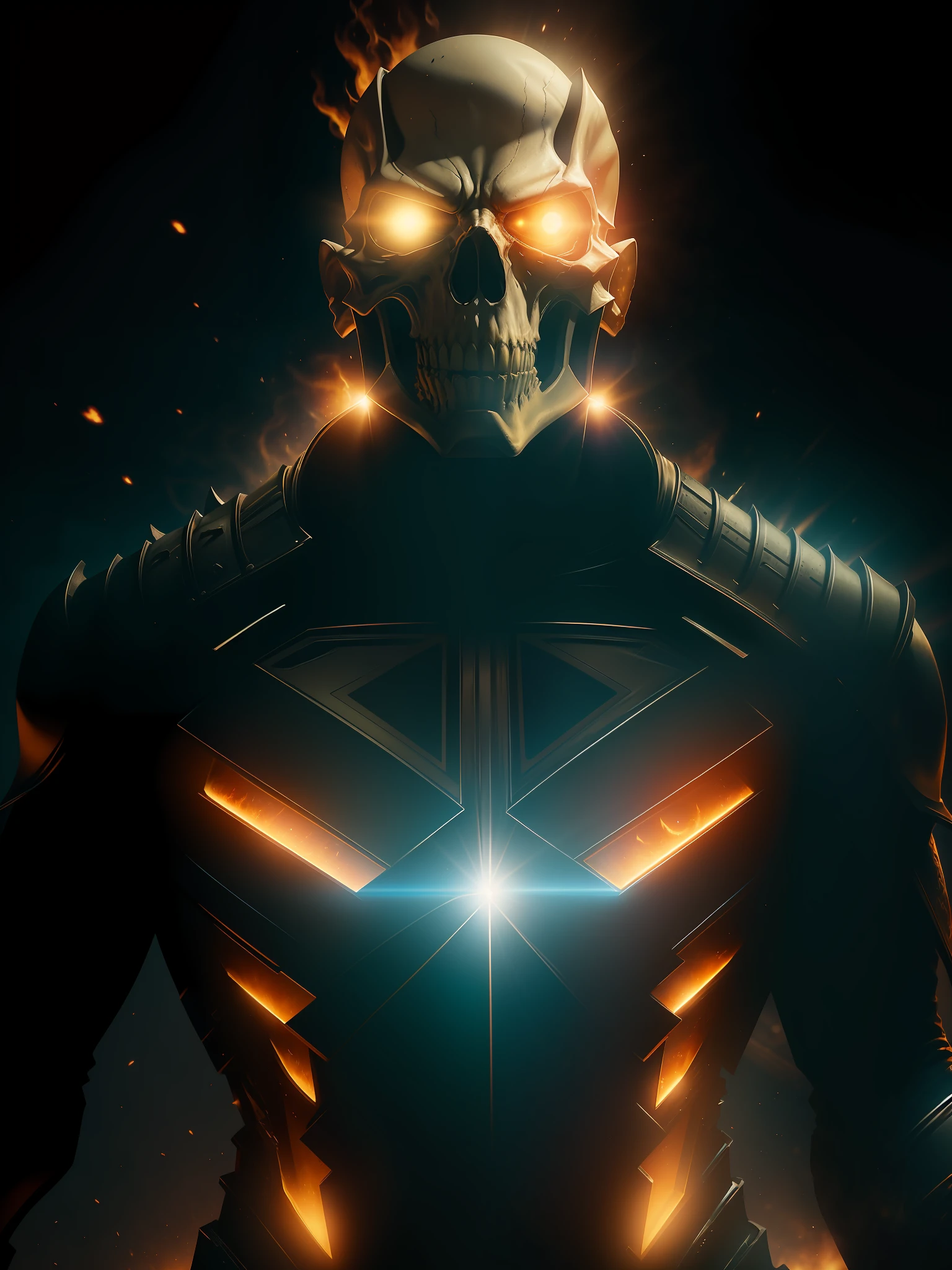 Movie scene, Ghost Rider from Marvel close-up shot, distorted space, distorted undead in the background, lens flares, light shafts, intricate details, highly detailed, volumetric lighting, 4k rendering, stock photo, hyper-realistic, realistic textures, dramatic lighting, Unreal Engine
