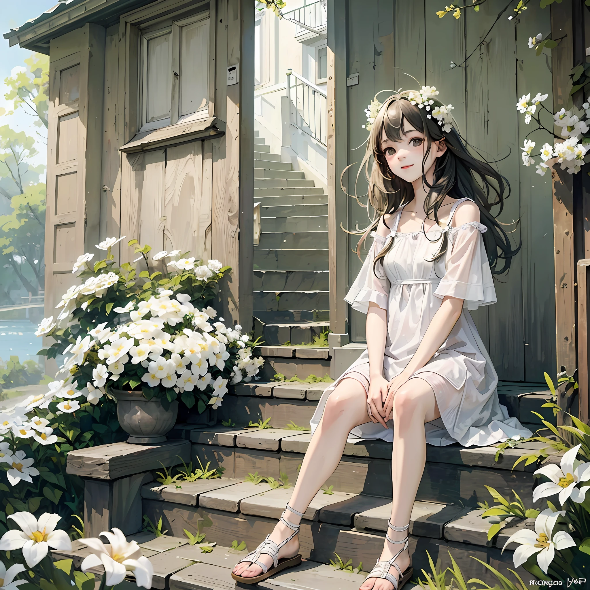 RAW photo, masterpiece, best quality, (1girl), sitting at the stair, lots of white small flowers around, white flowers at background, outdoor, sunny day, happy, smile, nightgown, beautiful girl, messy hair, floating hair and clothes in the wind
