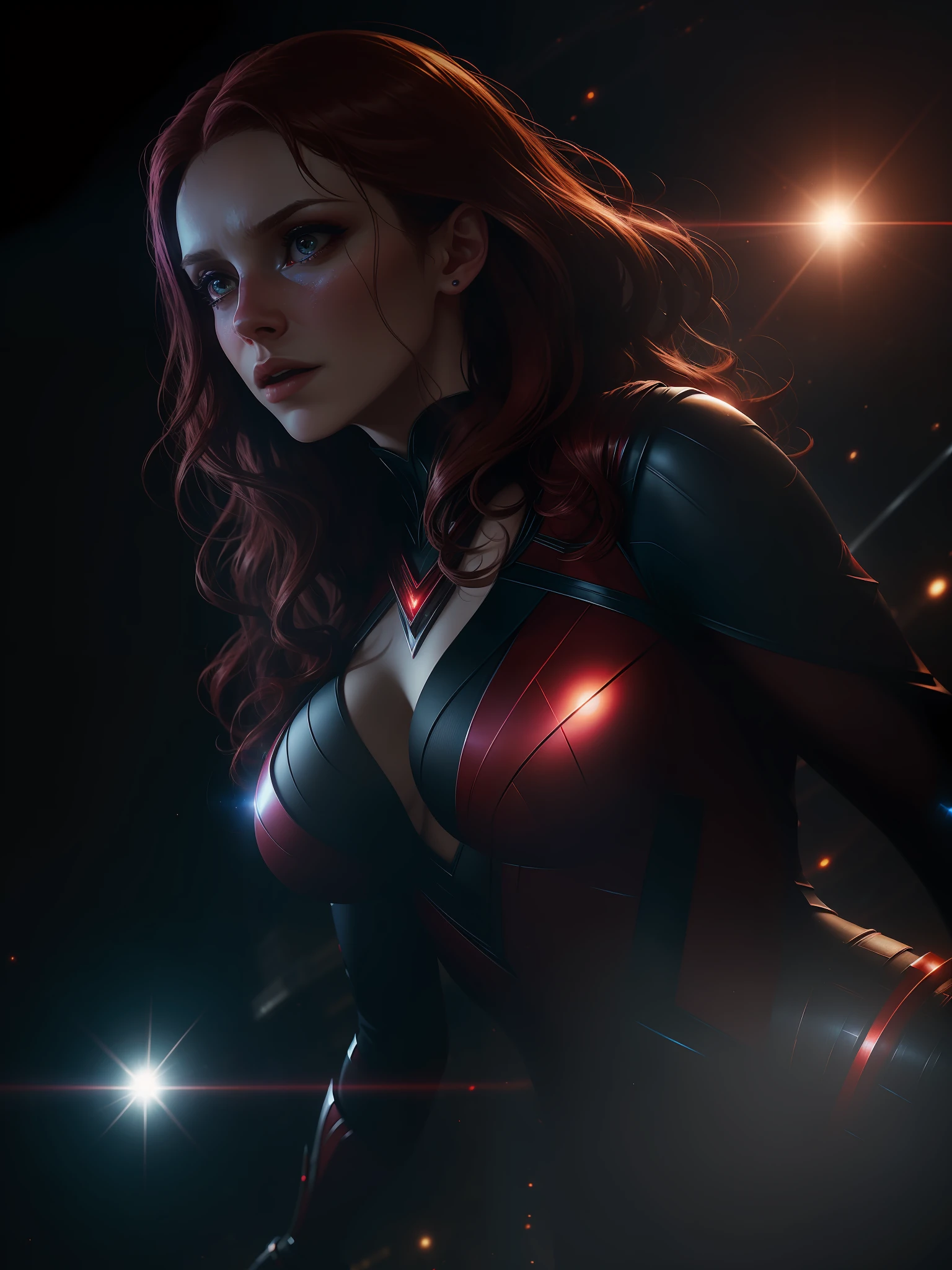 Scene from Movie, Scarlet Witch from Marvel Close-Up Shot, Distorted Space, Distorted Undead in the Background, Lens Flares, Light Shafts, Intricate Details, High Detailed, Volumetric Lighting, 4k Rendering, Stock Photo, Hyper Realistic, Realistic Textures, Dramatic Lighting, Unreal Engine