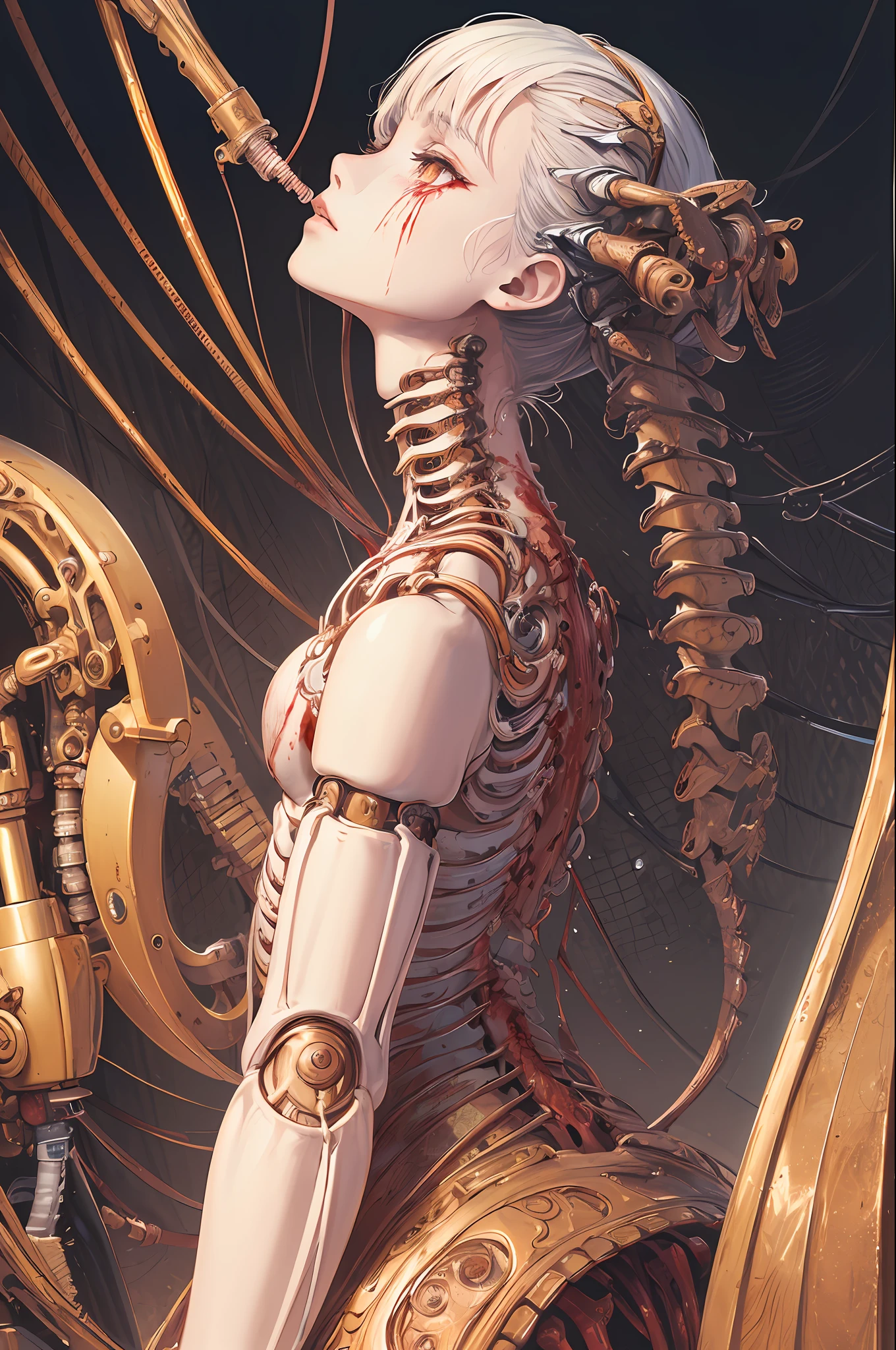 (masterpiece, top quality, best quality, official art, beautiful and aesthetic:1.2), (1girl:1.3), extreme detailed,colorful,highest detailed ((ultra-detailed)), (highly detailed CG illustration), ((an extremely delicate and beautiful)),(from side),cinematic light,((1mechanical girl)),solo,full body,(machine made joints:1.2),((machanical limbs)),(blood vessels connected to tubes),(mechanical vertebra attaching to back),((mechanical cervial attaching to neck)),(sitting),expressionless,(wires and cables attaching to neck:1.2),(wires and cables on head:1.2)(character focus),science fiction,white background,(blood:1.5)