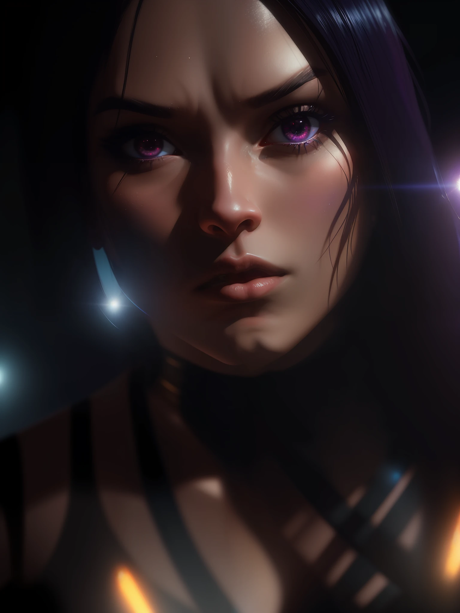 Scene from Movie, Psylocke from Marvel Close-Up, Distorted Space, Distorted Undead in the Background, Lens Flares, Light Shafts, Intricate Details, High Detailed, Volumetric Lighting, 4k Rendering, Stock Photo, Hyper-Realistic, Realistic Textures, Dramatic Lighting, Unreal Engine