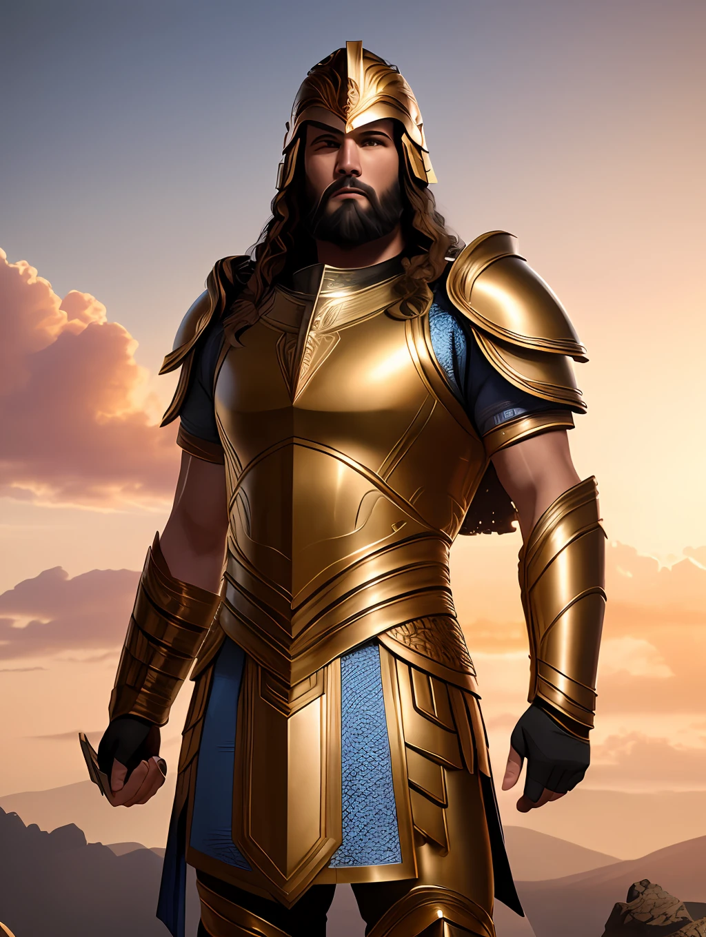 (Masterpiece) Create a ultrarealistic photograph of a character portrait of a man in a bronze Greek armor, bronze helmet, inspired by Theophanes the Greek, epic legends game icon, greek fantasy panorama, unreal - engine, golden bodypaint, athletic man in his 30s, clothed in ancient suit, shoulders can be seen, military helmet, greek ethnicity, in game render, movie still in the style of 300 movie, grotesque, fierce, tumblr contest winner, hurufiyya, renaissance painting, very strong and masculine, movie still, cinematic lighting. photograph, detailed symmetric realistic face, extremely detailed natural texture, peach fuzz, long hair, masterpiece, absurdres, nikon d850 film stock photograph, kodak portra 400 camera f1.6 lens, extremely detailed, amazing, fine detail, hyper realistic lifelike texture, dramatic lighting, unrealengine, trending on artstation, cinestill 800 tungsten, looking at the viewer, photo realistic, RAW photo, TanvirTamim, high quality, highres, sharp focus, extremely detailed, cinematic lighting, 8k uhd,-imagine-
