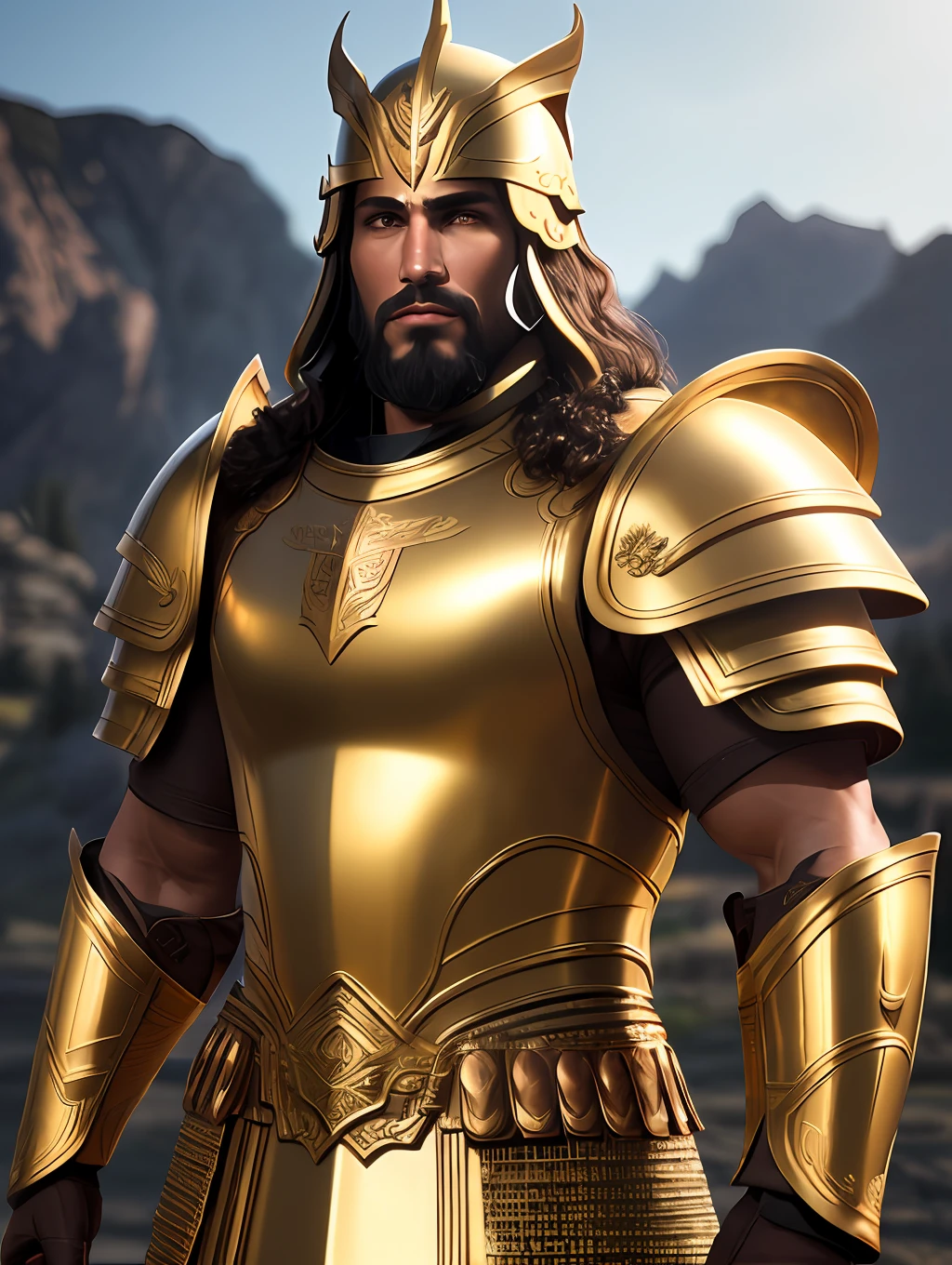 (Masterpiece) Create a ultrarealistic photograph of a character portrait of a man in a bronze Greek armor, bronze helmet, inspired by Theophanes the Greek, epic legends game icon, greek fantasy panorama, unreal - engine, golden bodypaint, athletic man in his 30s, clothed in ancient suit, shoulders can be seen, military helmet, greek ethnicity, in game render, movie still in the style of 300 movie, grotesque, fierce, tumblr contest winner, hurufiyya, renaissance painting, very strong and masculine, movie still, cinematic lighting. photograph, detailed symmetric realistic face, extremely detailed natural texture, peach fuzz, long hair, masterpiece, absurdres, nikon d850 film stock photograph, kodak portra 400 camera f1.6 lens, extremely detailed, amazing, fine detail, hyper realistic lifelike texture, dramatic lighting, unrealengine, trending on artstation, cinestill 800 tungsten, looking at the viewer, photo realistic, RAW photo, TanvirTamim, high quality, highres, sharp focus, extremely detailed, cinematic lighting, 8k uhd,-imagine-