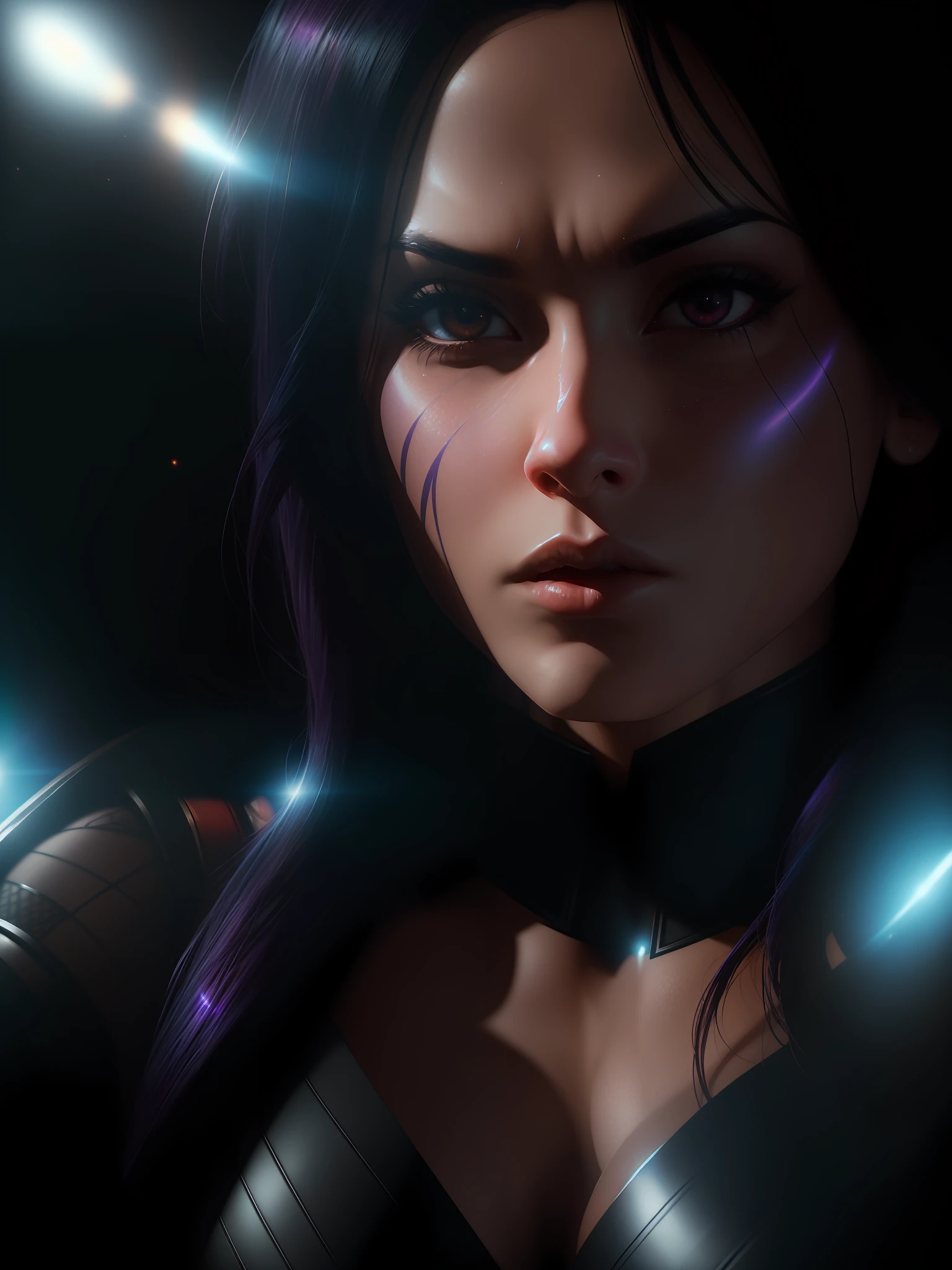Scene from Movie, Psylocke from Marvel Close-Up, Distorted Space, Distorted Undead in the Background, Lens Flares, Light Shafts, Intricate Details, High Detailed, Volumetric Lighting, 4k Rendering, Stock Photo, Hyper-Realistic, Realistic Textures, Dramatic Lighting, Unreal Engine