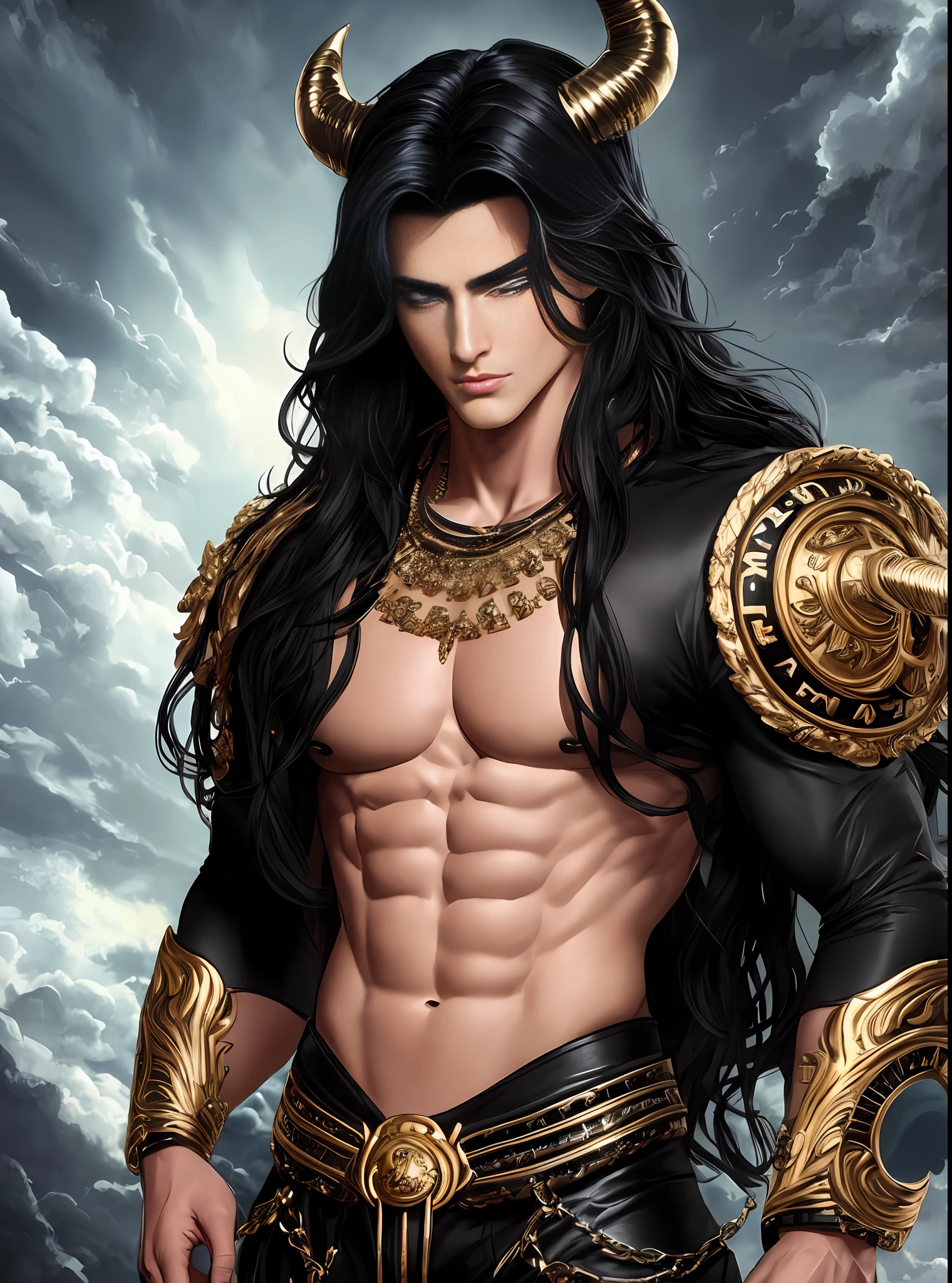 ((Best Eye Quality, 8K Eyes, Masterpiece: 1.3)), A seductive and virile figure of the Greek God Hades, with ((perfect blue eyes: 1.3)), long black hair, white skin and a perfect face, ((his black horns a sign of his power: 1.3)), stands tall with a perfect body and perfect body proportions, strong thighs, all rendered in a unique and creative style, all rendered in a detailed, high-quality style, ((Detailed rendered eyes:1.3)), ((looking at the viewer:1.3))
