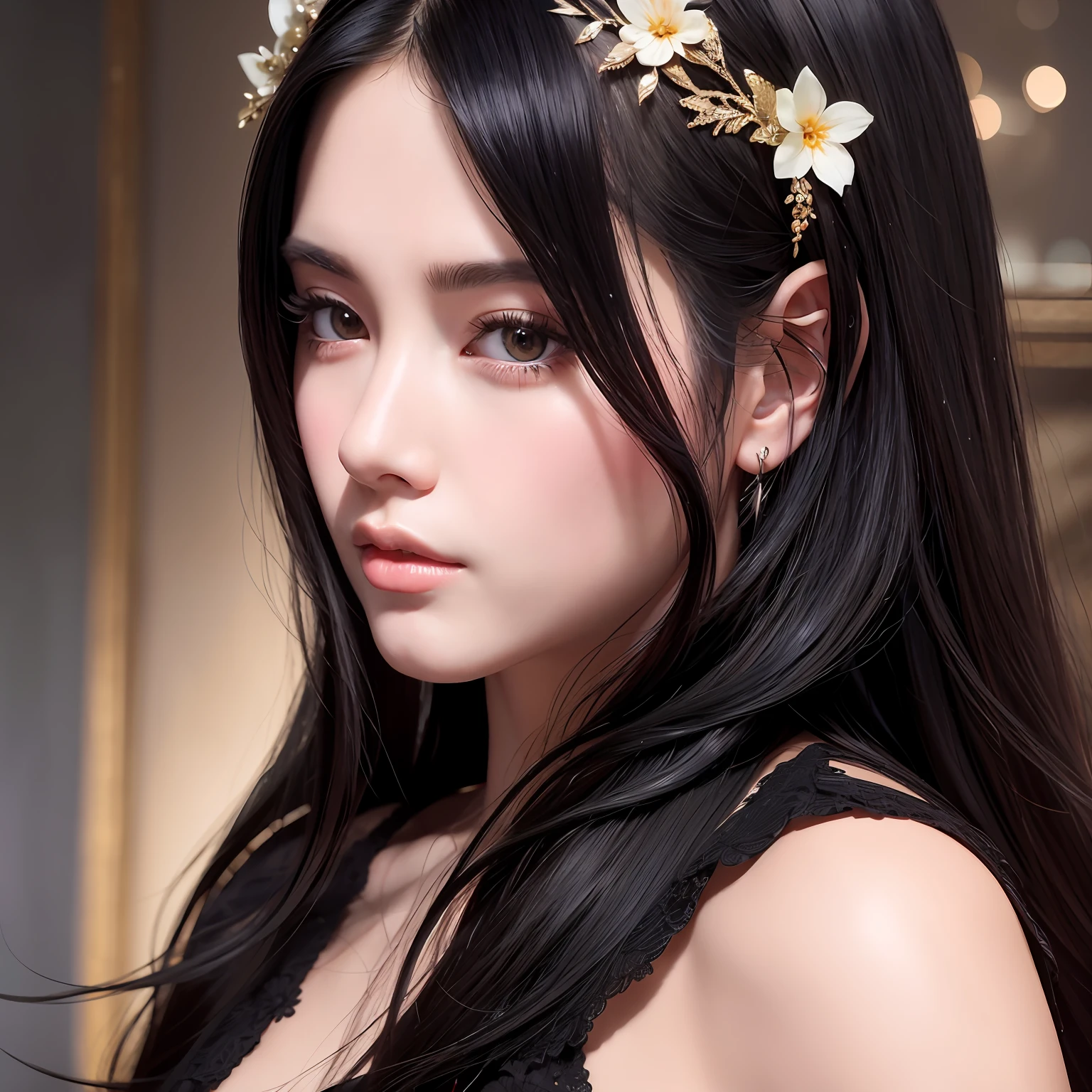 Ultra-realistic 32K CG, black hair, beautiful robes, perfect face, perfect, clean, masterpiece, professional artwork, famous artwork, movie lighting, cinematic flowers, perfect face, beautiful face, beautiful eyes, fantasy, dreamy, intricate details, delicate patterns, attractive