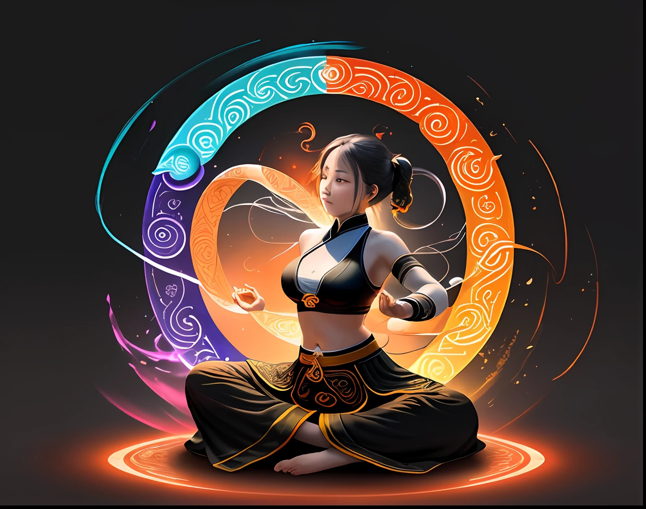 (harmony, balance, yin-yang), Chinese silk painting, Tai Chi principles, fluid motion, interconnected elements, the interplay of contrasting forces, Daoist philosophy, a touch of the I Ching, warm and cool color palette, reflective art, inspired by Laozi, Zhuangzi, Yin Yang diagrams, Taijitu, the Bagua, the fusion of the spiritual and the physical,1girl,solo, grabbing breasts,, daoist, summon magic, cinematic lighting, fire and ice split, bagua background, circular bagua, yi yang, daoist practice, mediation sit, buddha sit, spiral loong, cloud loong at the top,