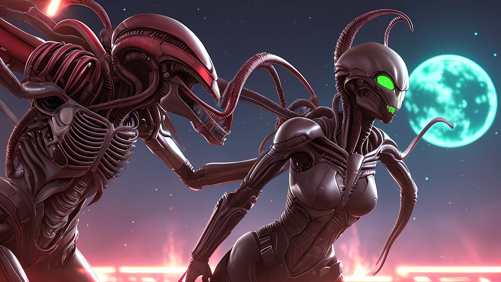 a woman fighting with a xenomorphic alien