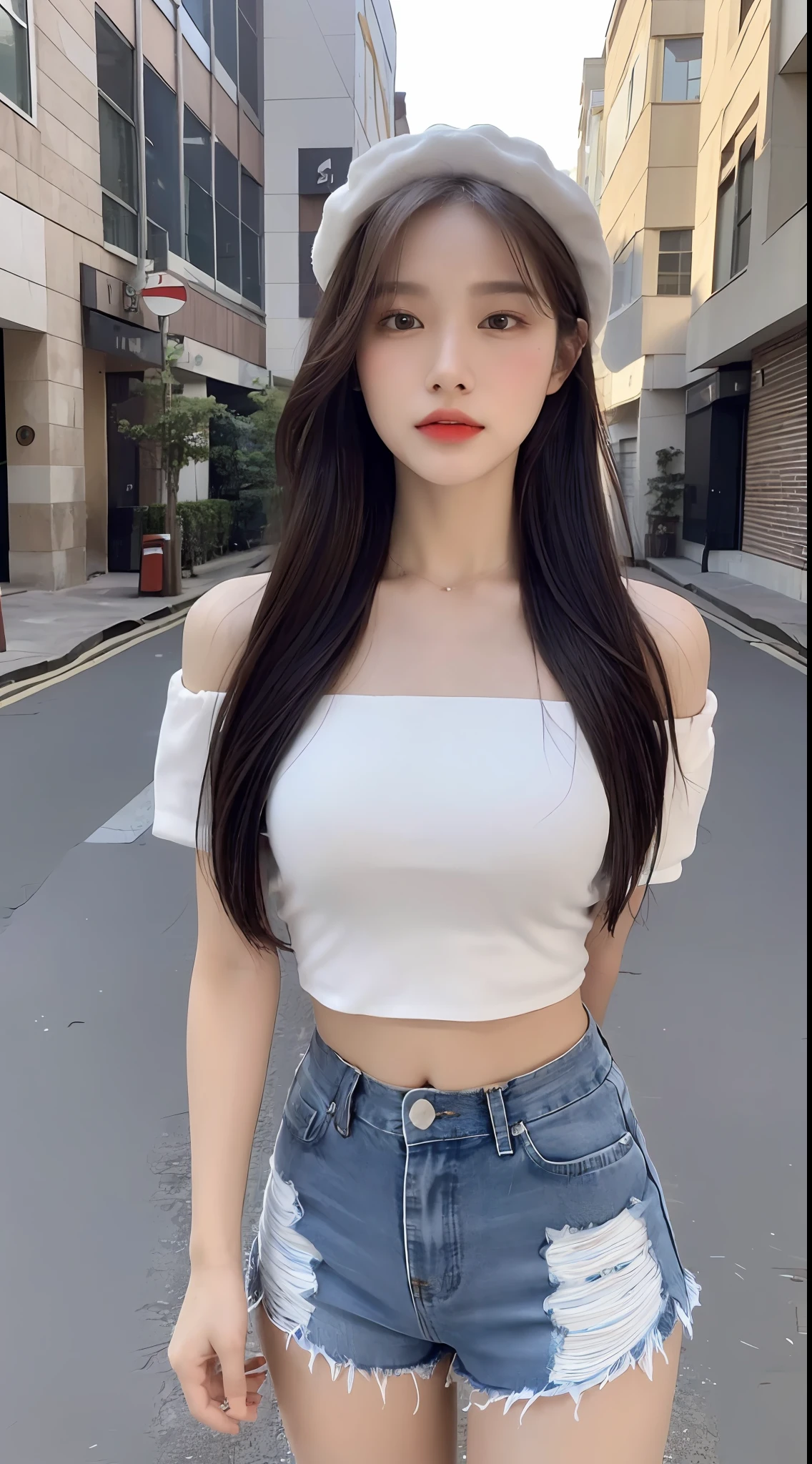 ((Best Quality, 8K, Masterpiece: 1.3)), (Flower Cap: 1.3), Focus: 1.2, Perfect Body Beauty: 1.4, Buttocks: 1.2, (Layered Haircut: 1.2)), (Dark Street: 1.3), Highly Detailed Face and Skin Texture, Full Body, Delicate Eyes, Double Eyelids, Whitened Skin, Long Hair, (Round Face: 1.5), (Loose Crop Top, Shorts: 1.6)