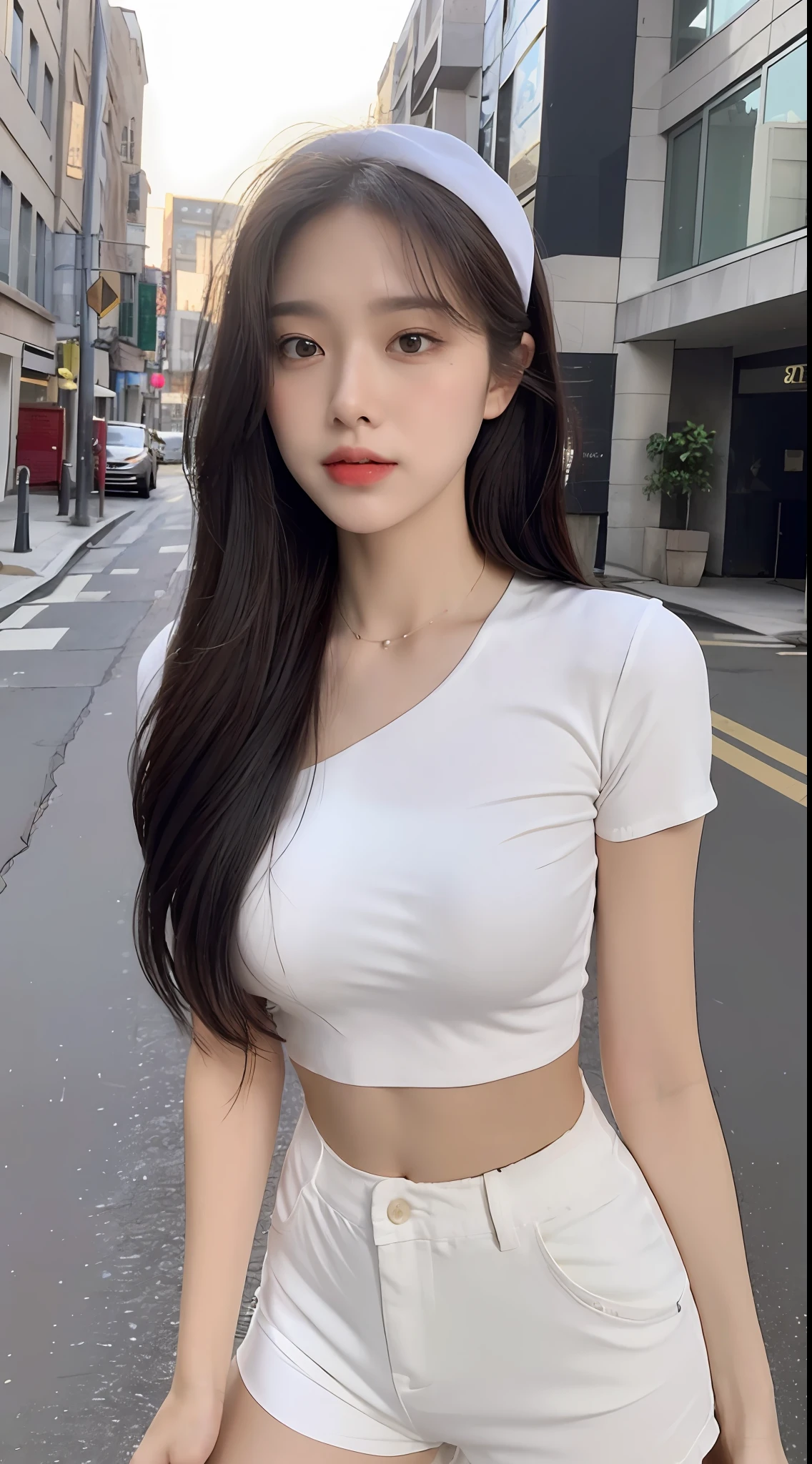 ((Best Quality, 8K, Masterpiece: 1.3)), (Flower Cap: 1.3), Focus: 1.2, Perfect Body Beauty: 1.4, Buttocks: 1.2, (Layered Haircut: 1.2)), (Dark Street: 1.3), Highly Detailed Face and Skin Texture, Full Body, Delicate Eyes, Double Eyelids, Whitened Skin, Long Hair, (Round Face: 1.5), (Loose Crop Top, Shorts: 1.6)
