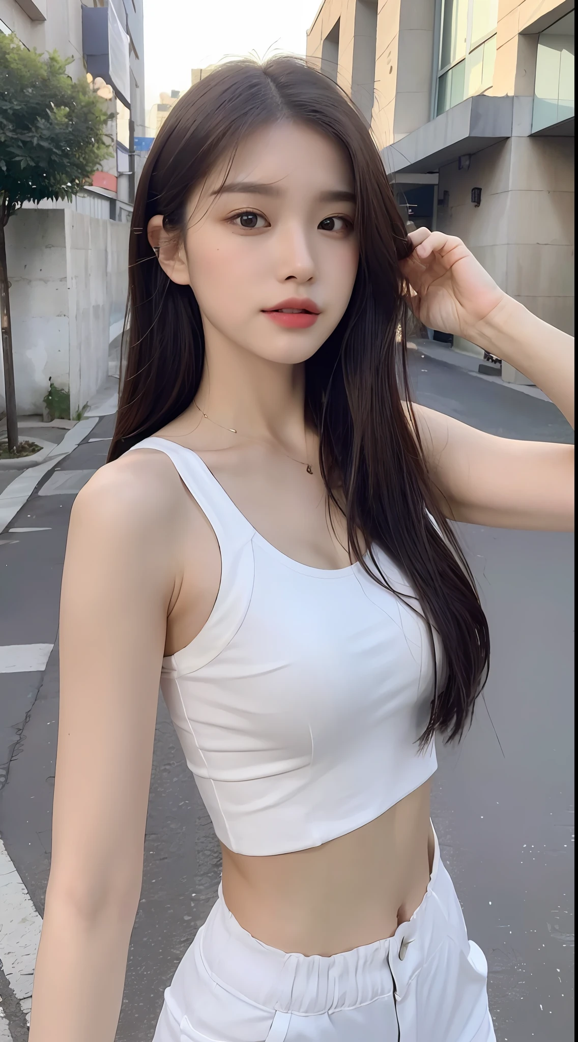 ((Best Quality, 8K, Masterpiece: 1.3)), (Flower Cap: 1.3), Focus: 1.2, Perfect Body Beauty: 1.4, Buttocks: 1.2, (Layered Haircut: 1.2)), (Dark Street: 1.3), Highly Detailed Face and Skin Texture, Full Body, Delicate Eyes, Double Eyelids, Whitened Skin, Long Hair, (Round Face: 1.5), (Loose Crop Top, Shorts: 1.6)